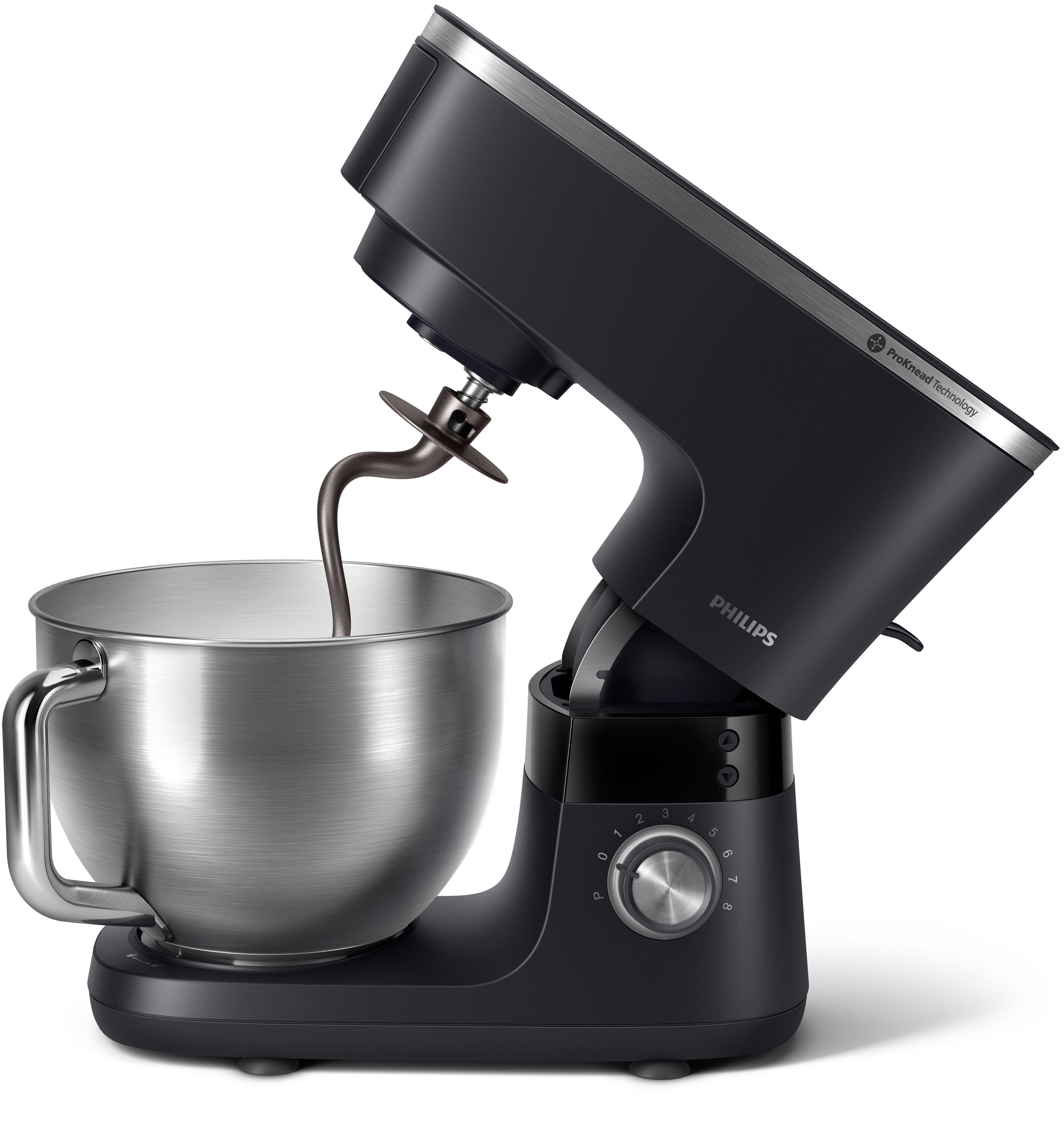 A black Philips kitchen stand mixer with a silver mixing bowl, isolated on white.