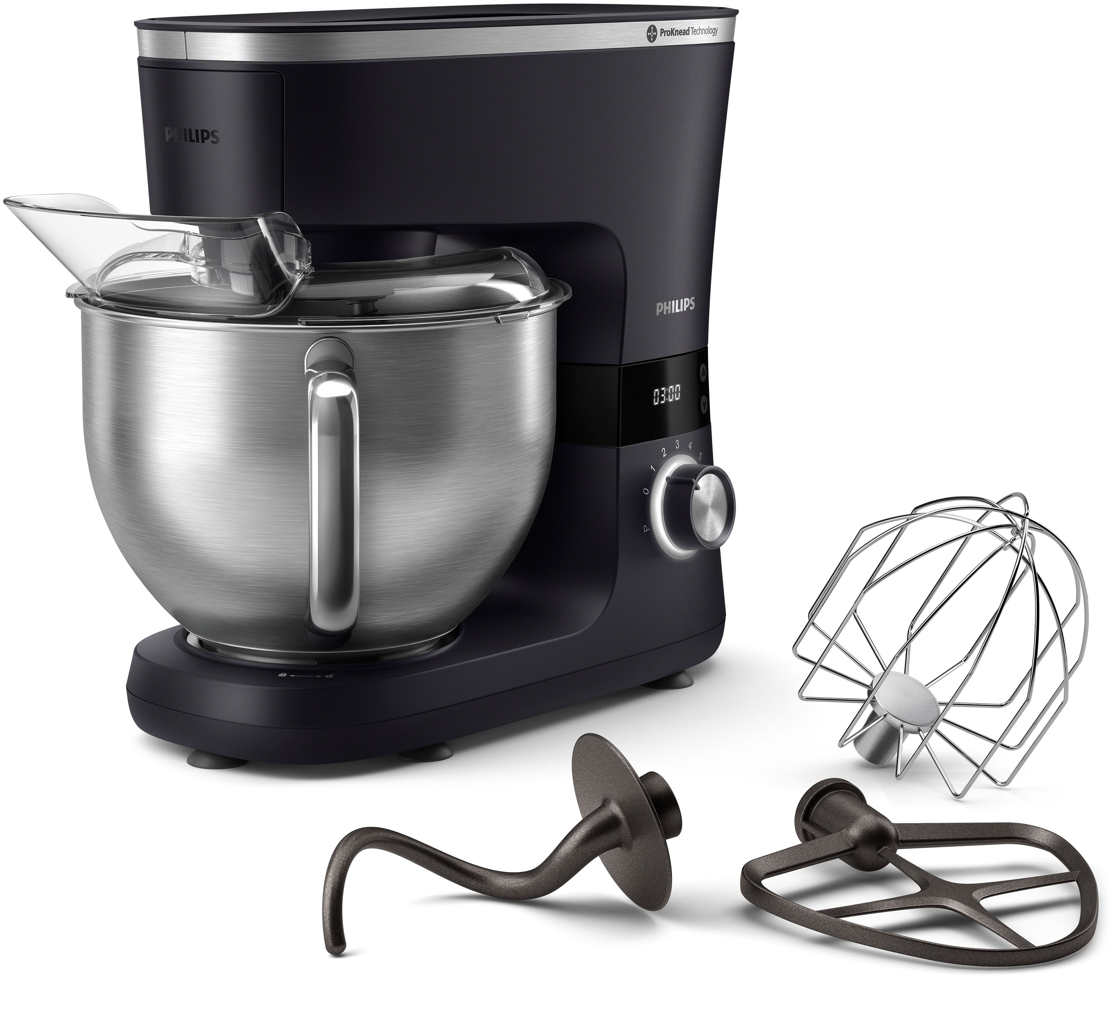 Black kitchen mixer with stainless steel bowl and various attachments.
