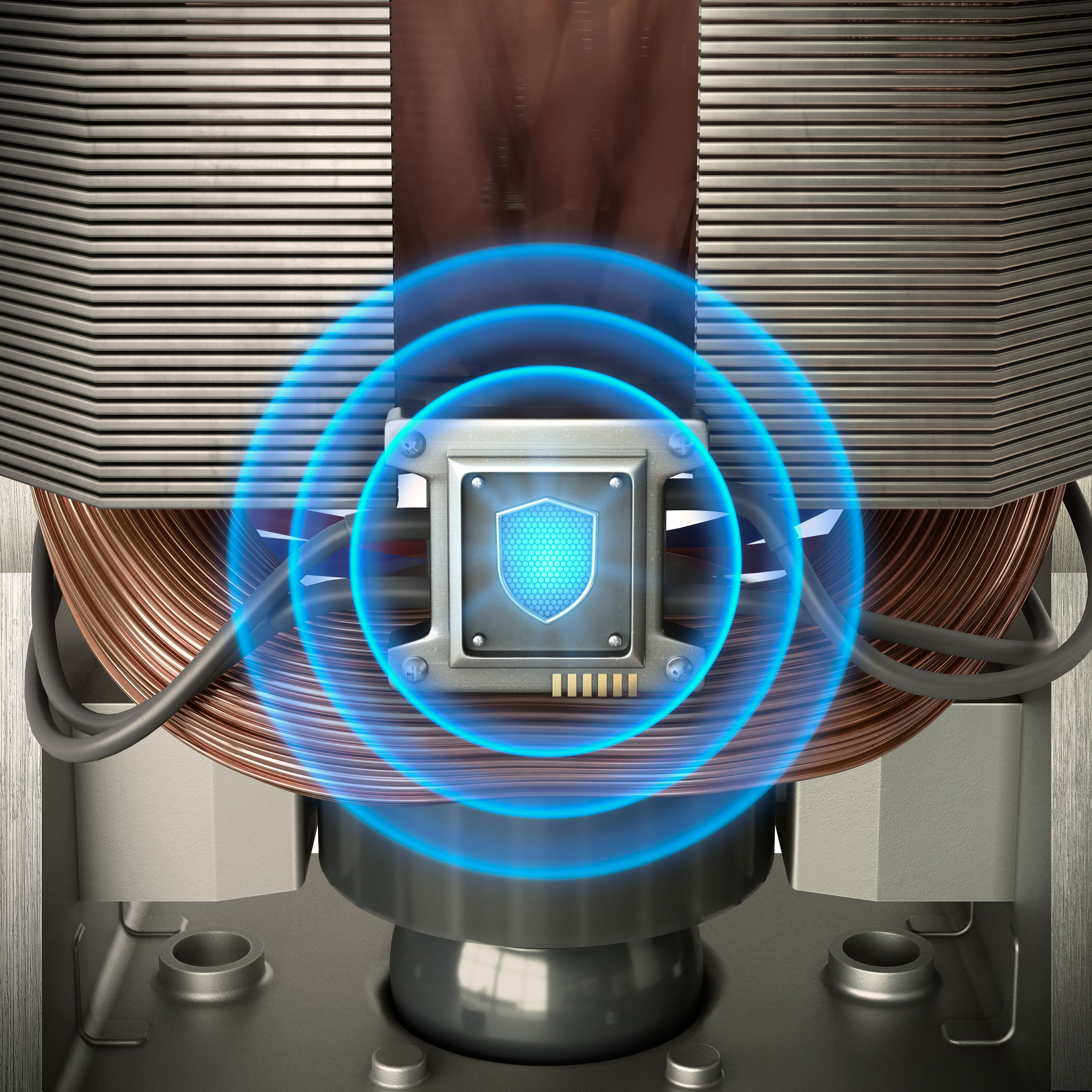 Close-up of a CPU cooler with copper fins and a shield graphic emitting blue waves.