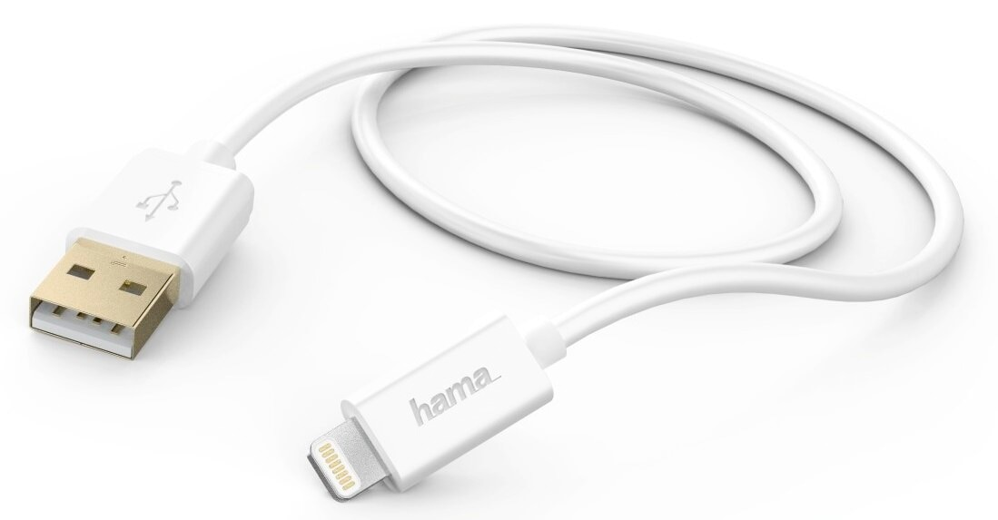 Biały kabel USB do Lightning, marka Hama, z widocznymi złączami.