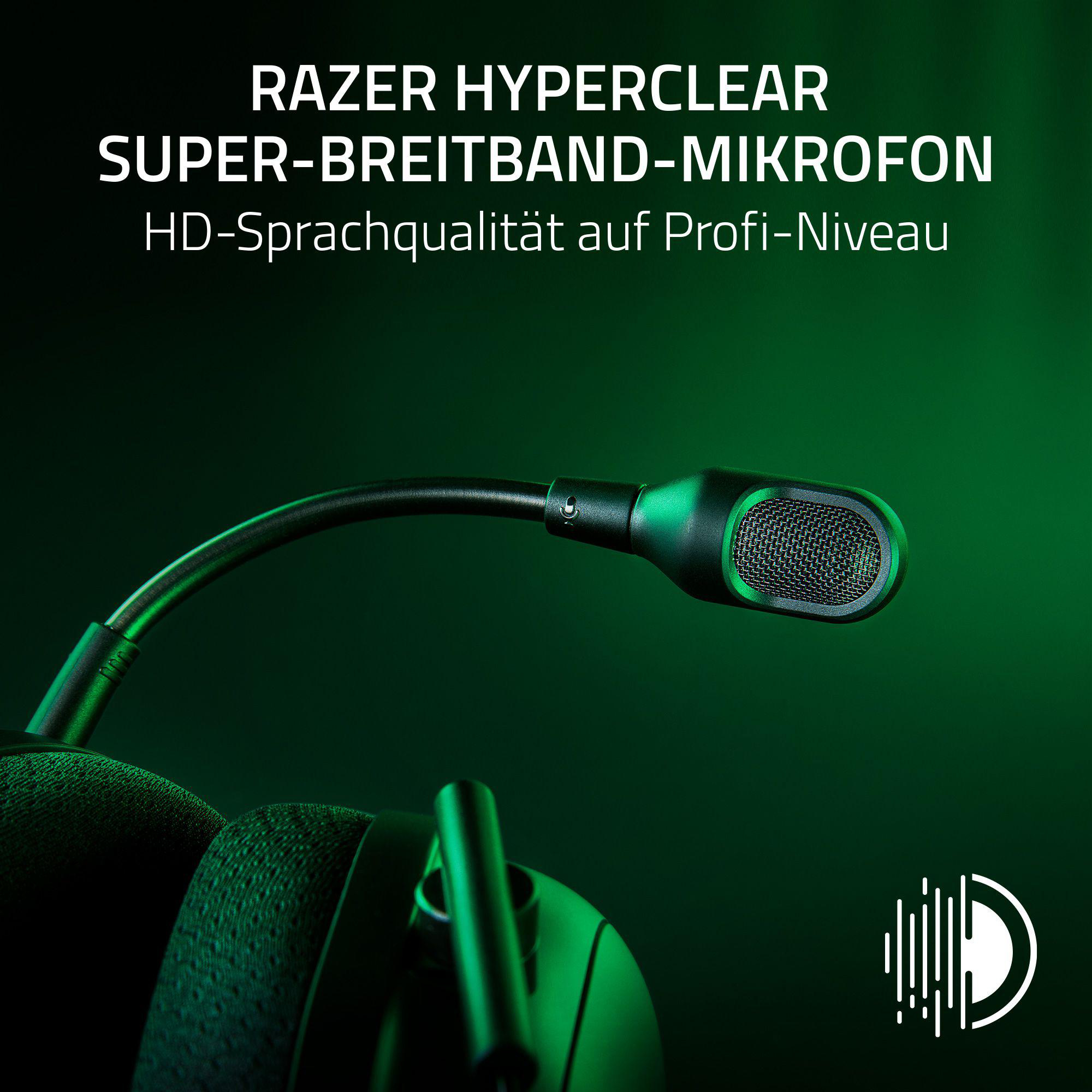 Razer-Mikrofon, mit grünem Hintergrund, beschriftet mit deutschem Text.