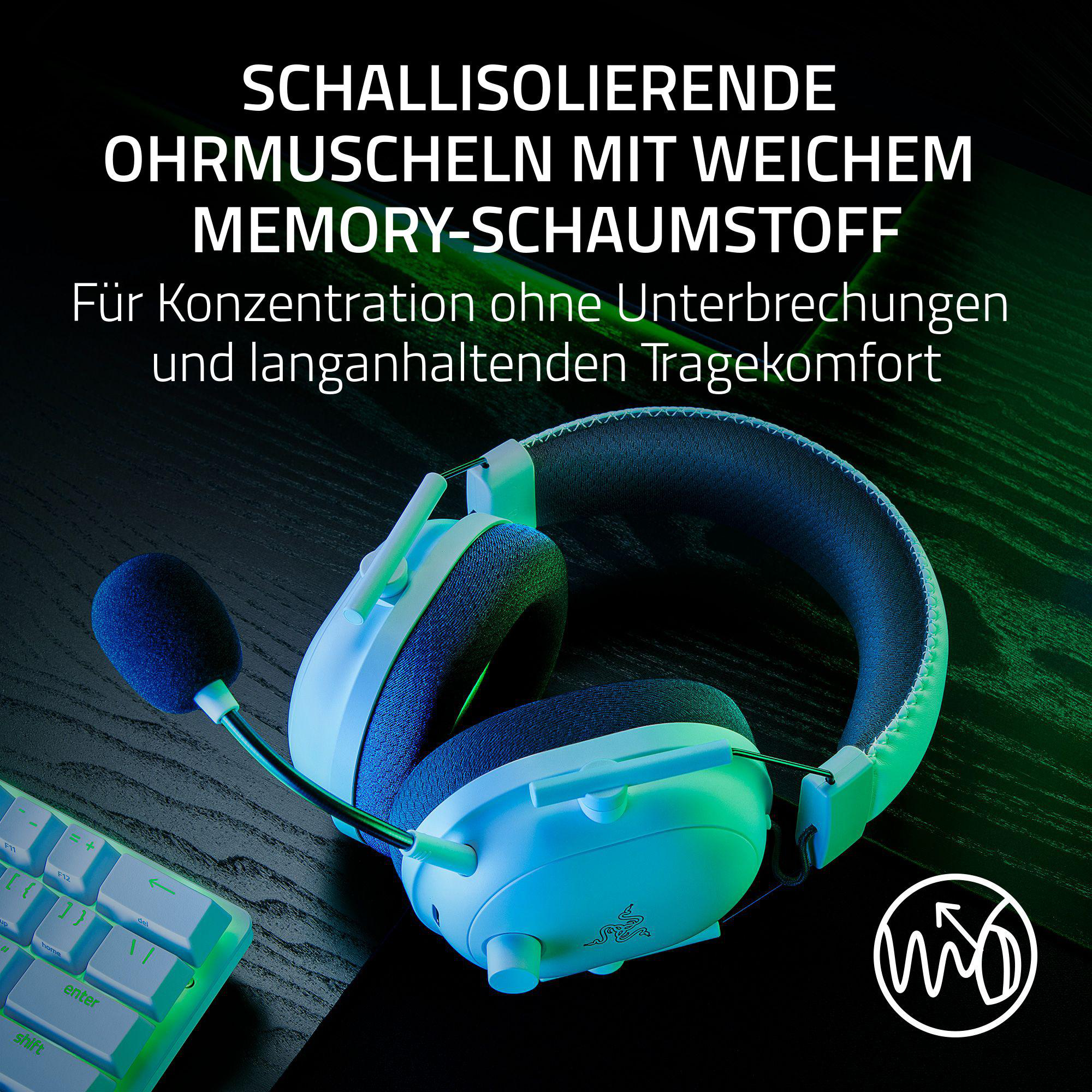 Weißes und blaues Gaming-Headset, Text auf Deutsch: Schallisolierung.
