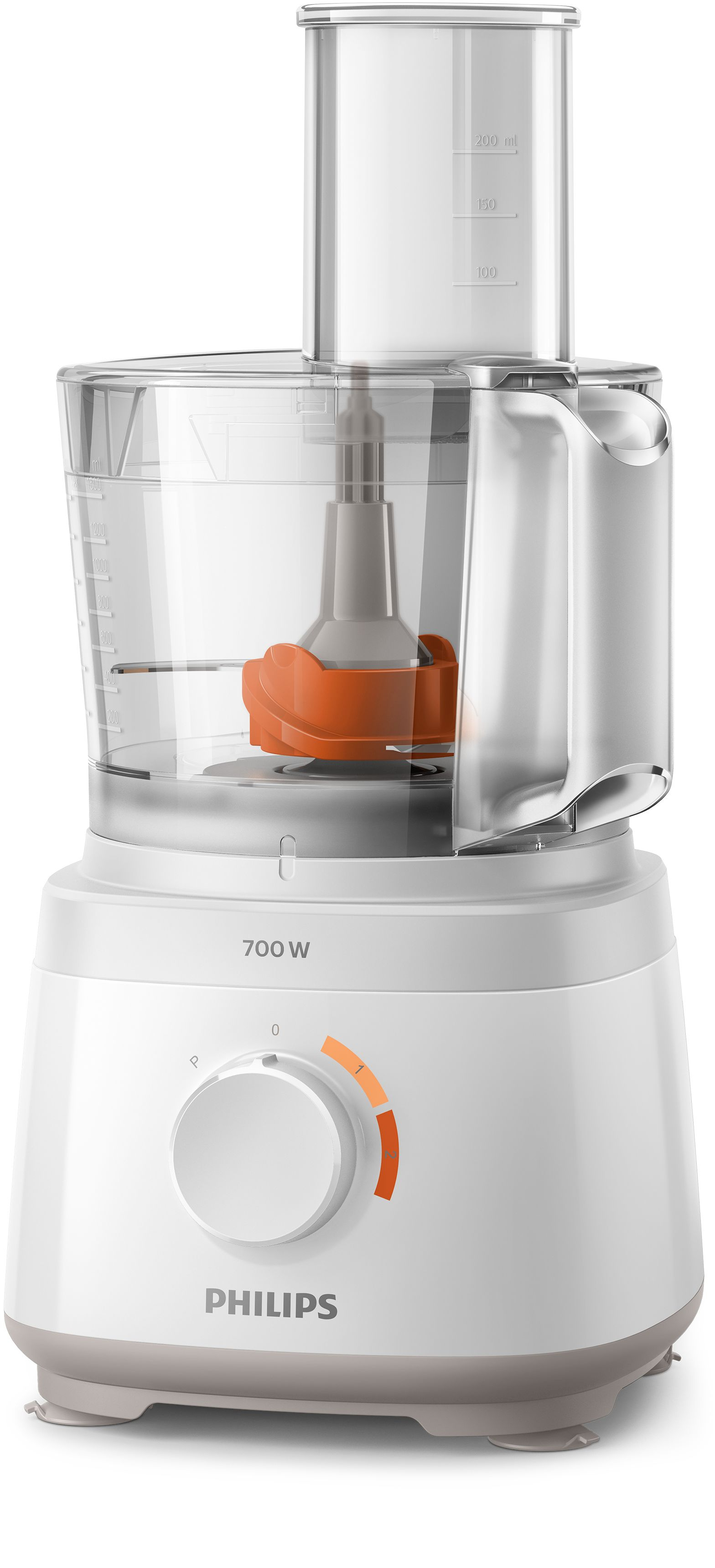A white food processor with a clear container. Orange and grey details. 700W.