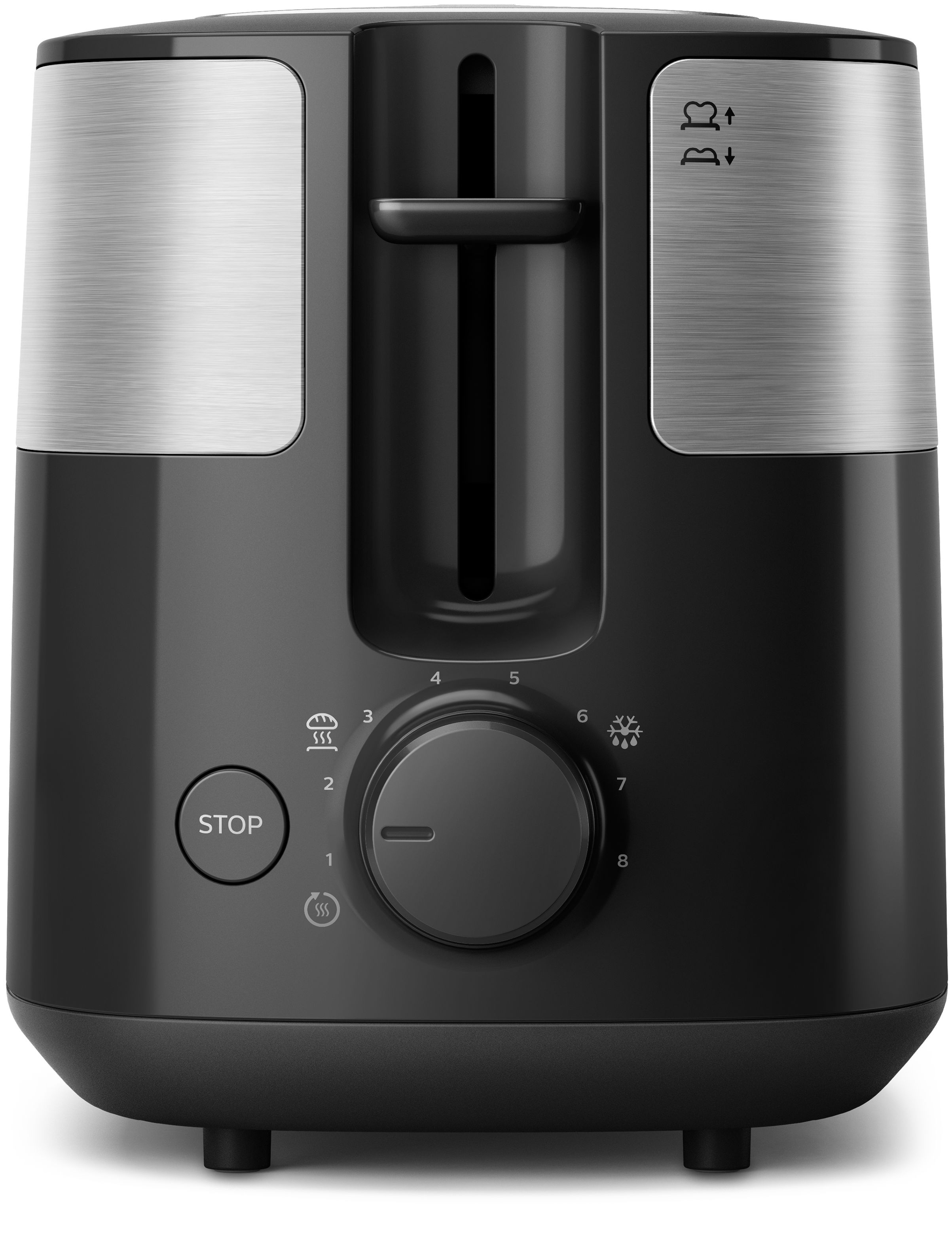 Black and silver toaster with settings dial and two slots.