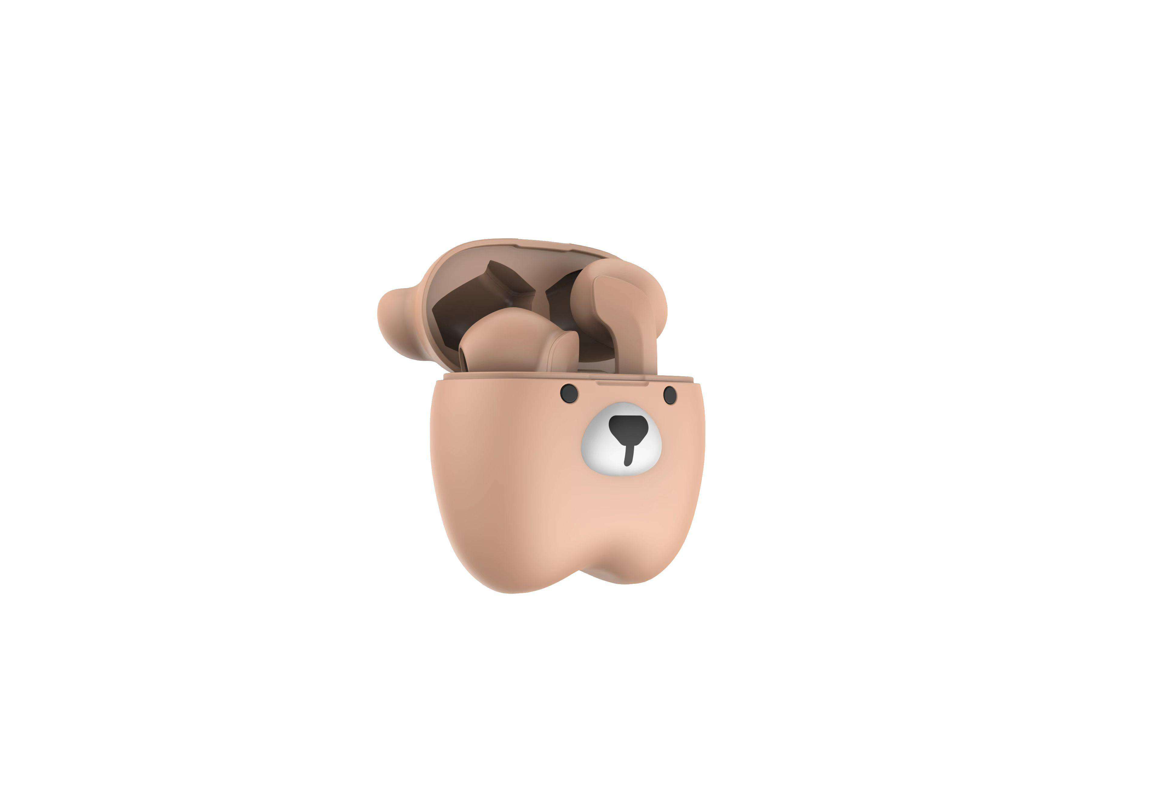 Ohrhörer in einem bärenförmigen Etui, geöffnet. Hellbraunes Etui mit zwei Ohrhörern.