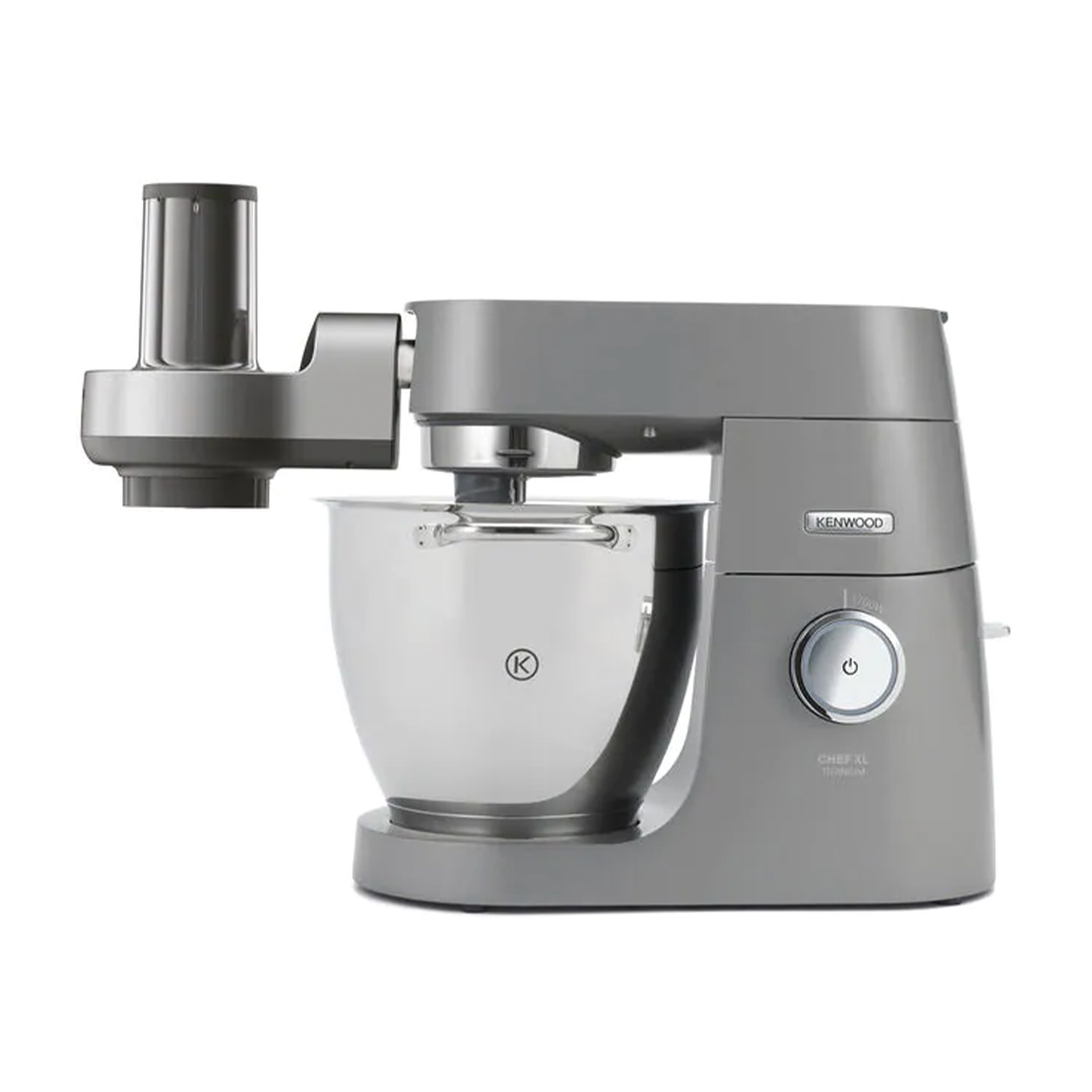 Robot da cucina Kenwood Chef XL grigio. Ha una ciotola, una testa del mixer e un accessorio per l'elaborazione degli alimenti.