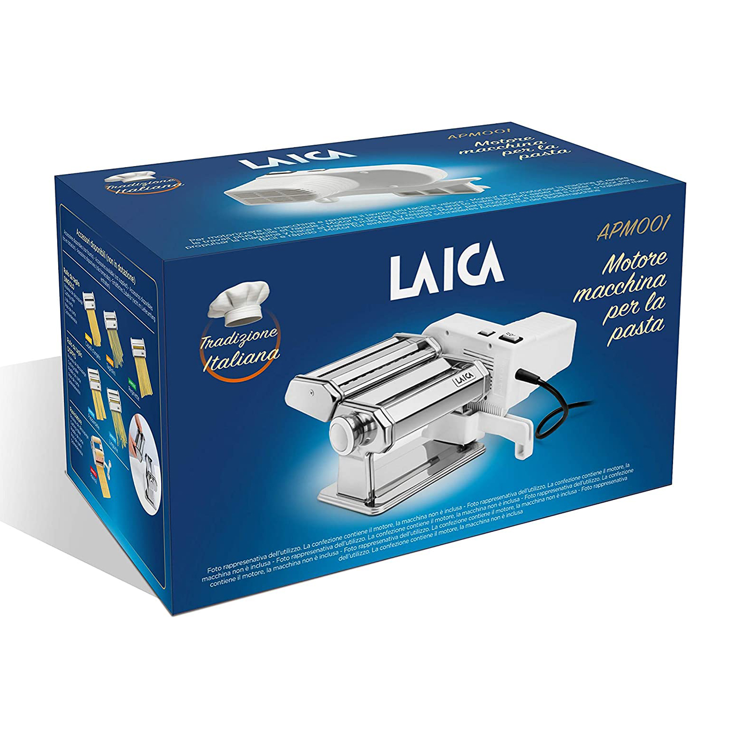 Una macchina per la pasta in una scatola blu e bianca. La scatola ha testo in italiano.