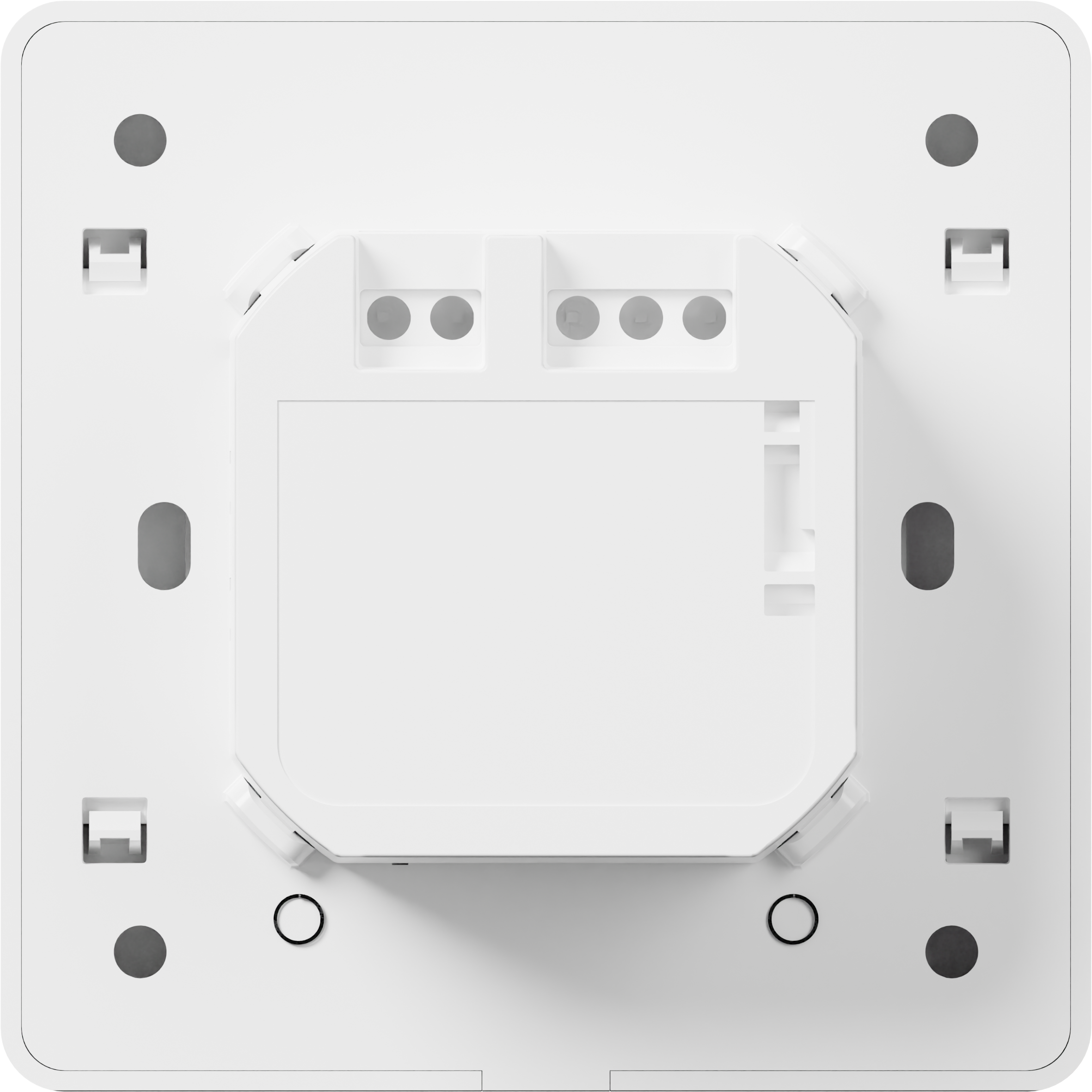 Fehér elektromos készülék kör alakú lyukakkal és csatlakozókkal.