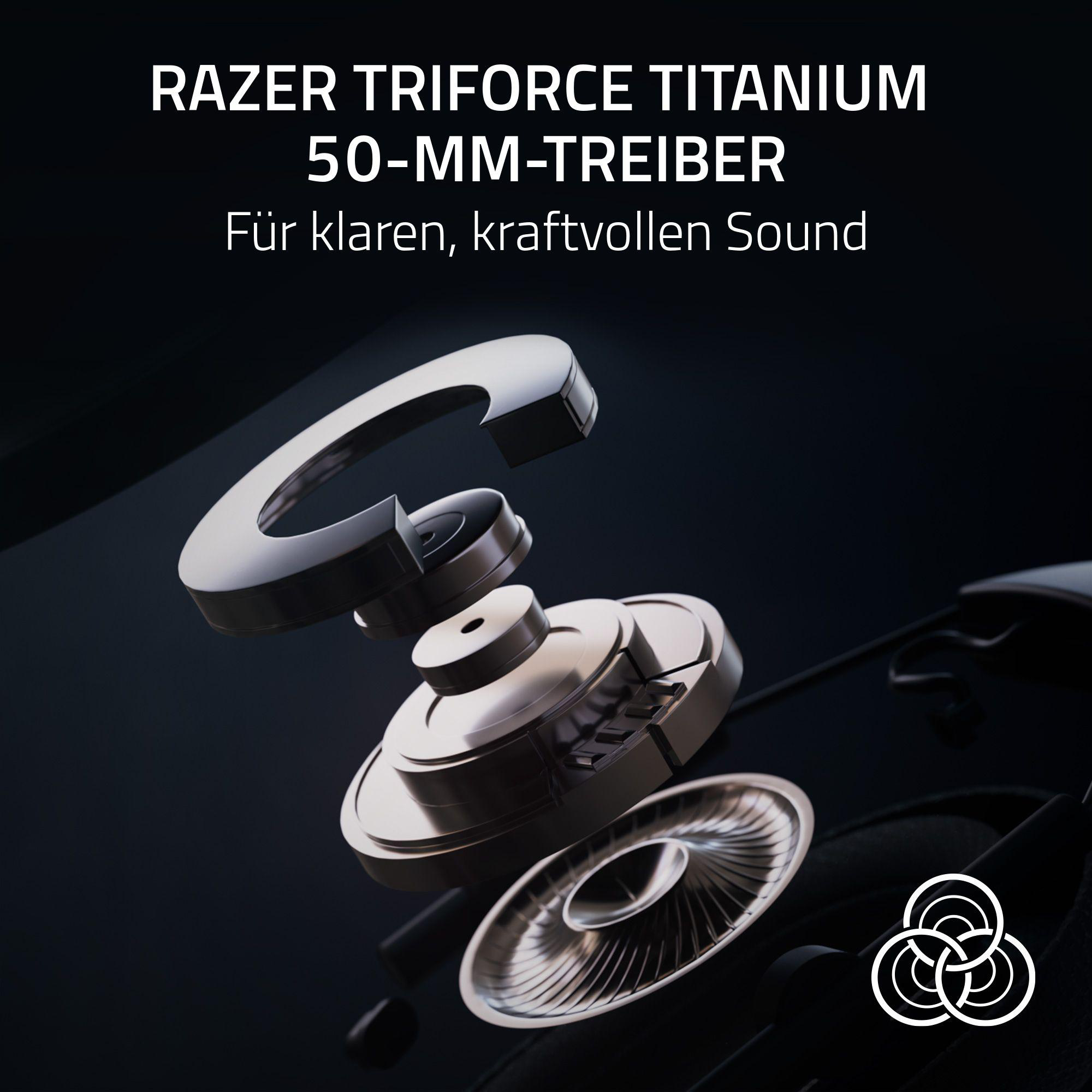 Explosionsansicht eines Headsets mit sichtbaren Komponenten. Text lautet „RAZER TRIFORCE TITANIUM“.