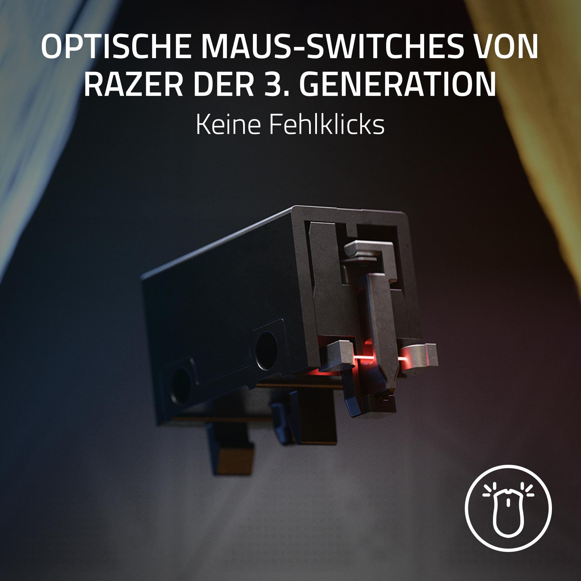 Schwarzer Maus-Schalter mit rotem Laser im Fokus. Text oben mit Markenname und Wort 'Generation'.