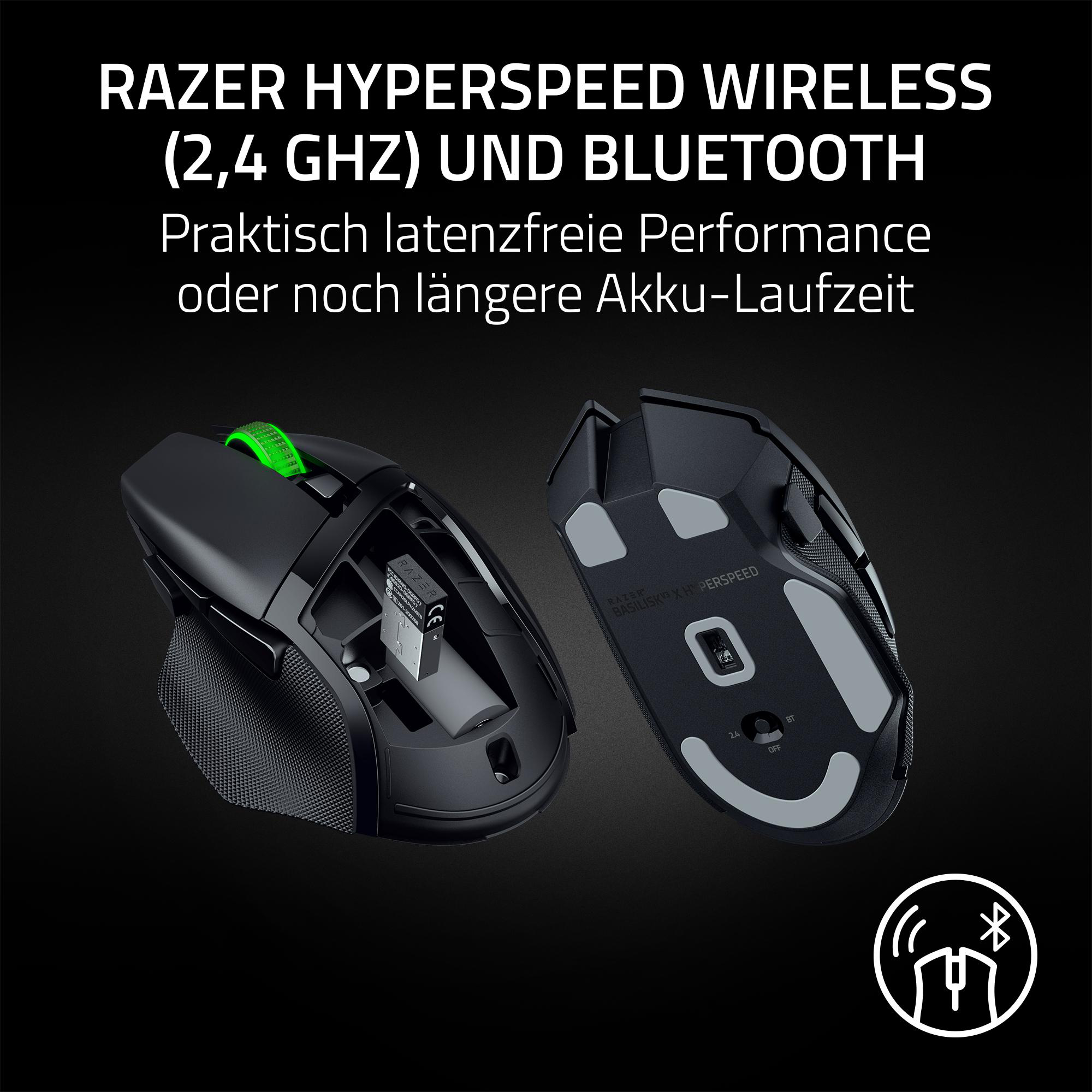 Schwarze Razer Gaming-Maus mit grünem Akzent und Textüberlagerung.