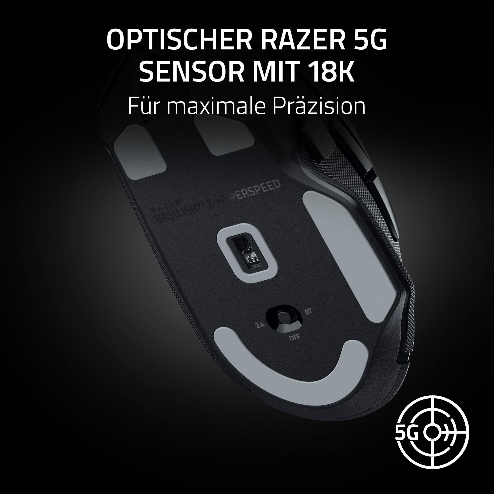 Razer Gaming-Maus von unten. Schwarz mit grauen Pads, Text oben. 5G-Sensor-Symbol.