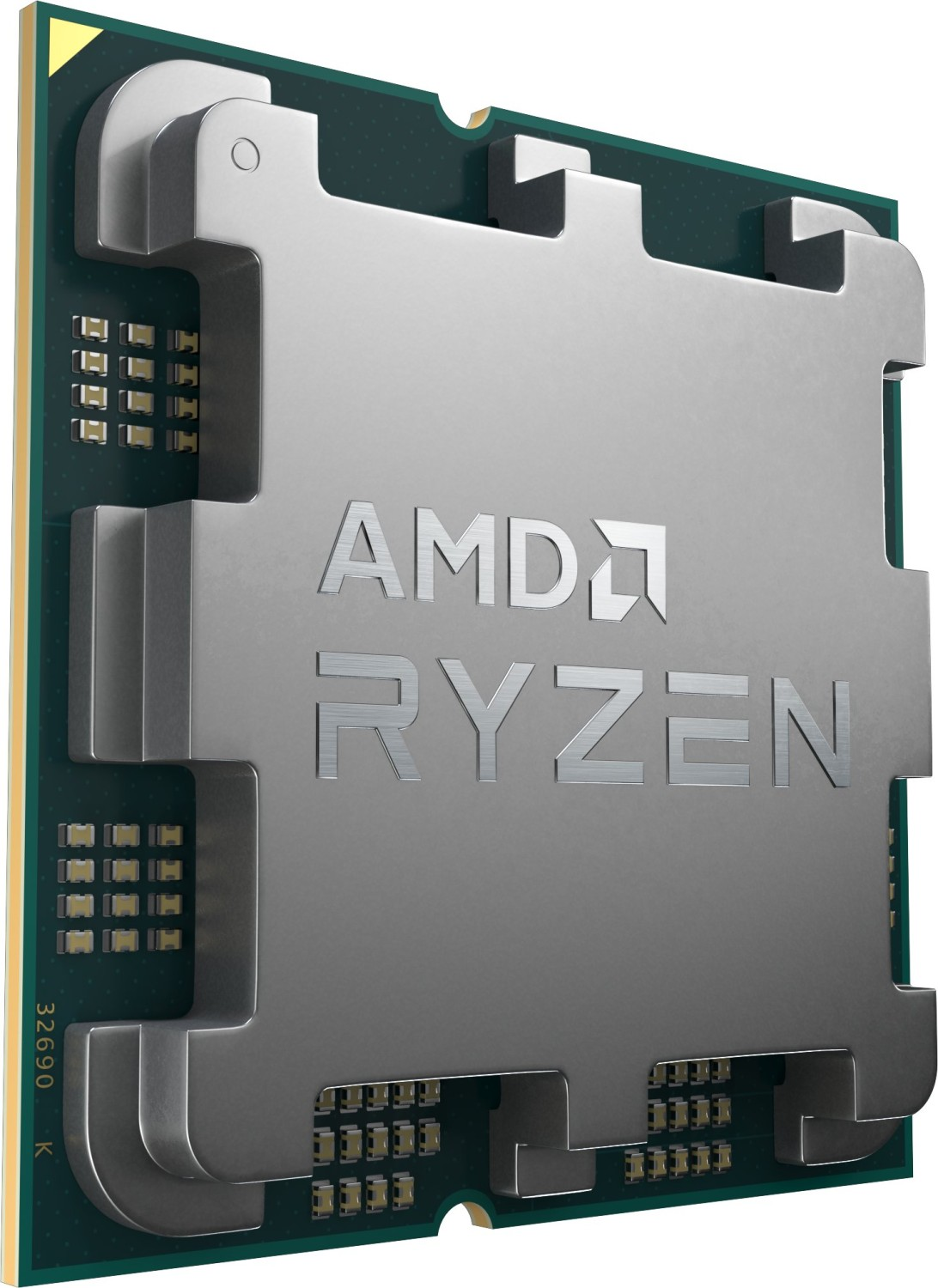 Nahaufnahme einer CPU mit AMD Ryzen Logo auf grüner Leiterplatte.