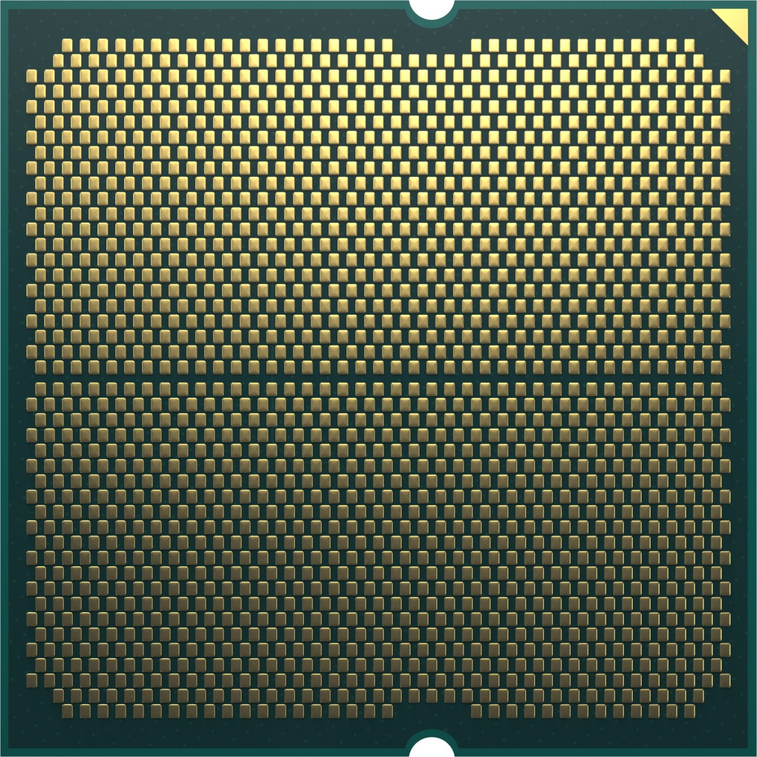 Nahaufnahme einer CPU mit goldenen Pins, die in einem Rastermuster auf einer grünen Oberfläche angeordnet sind.