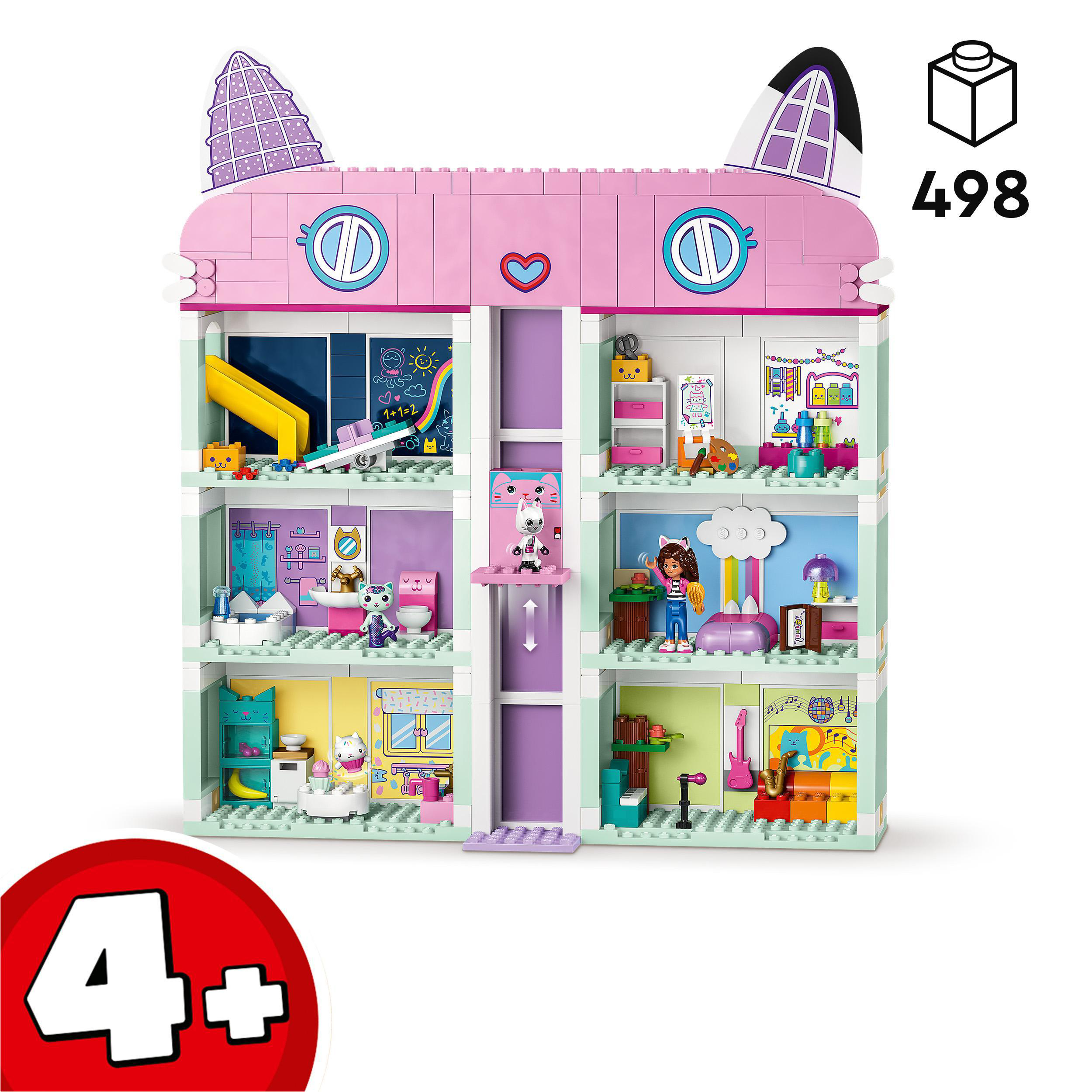 Rosa Lego-Katzenhaus mit mehreren Etagen. Enthält Lego-Figuren und Zubehör.