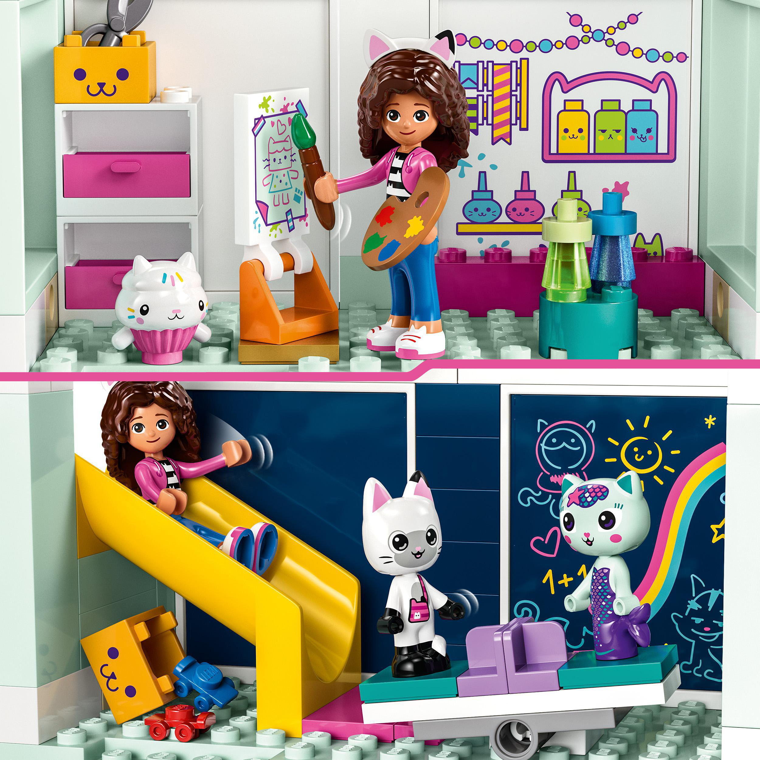 Zwei Lego-Szenen. Eine zeigt ein Mädchen, das malt, mit einer Katzenfigur. Die andere hat eine Rutsche und mehr Lego-Figuren.