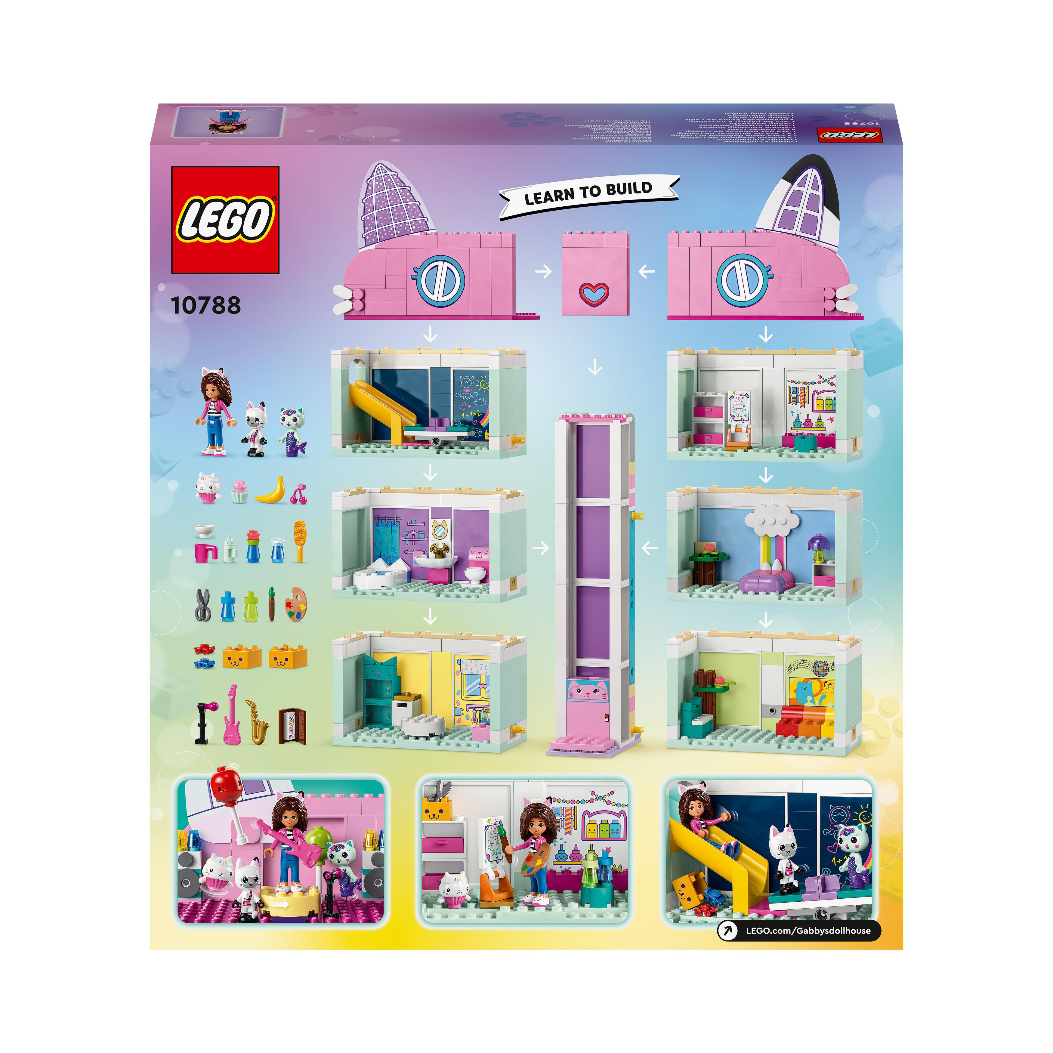 Lego-Box-Rückseite mit einem Puppenhaus-Bau. Zeigt Zimmer, Figuren und das Lego-Logo mit 'Learn to Build'.