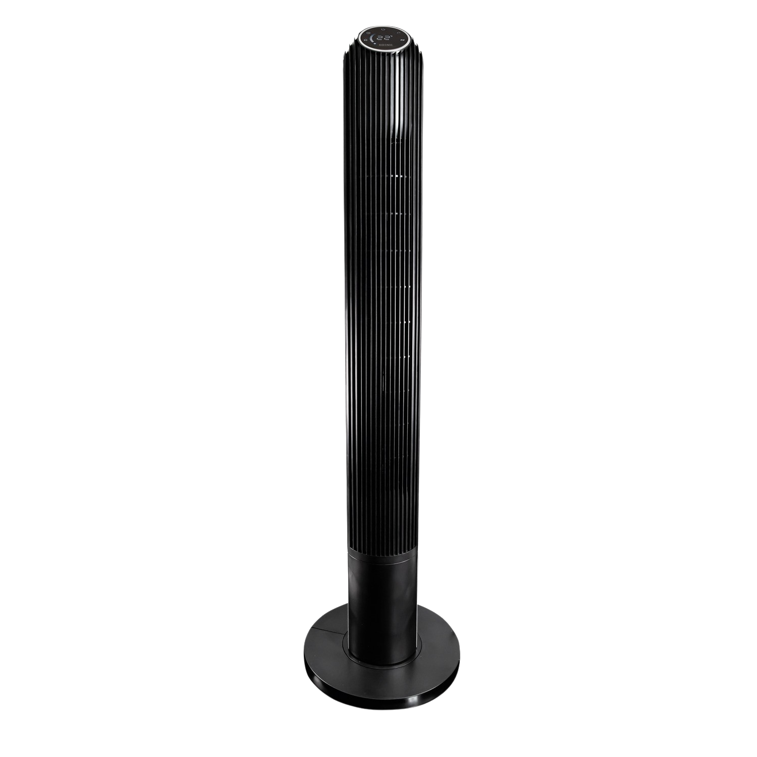 Een zwarte, hoge, cilindrische ventilator met een ronde voet, geïsoleerd op een zwarte achtergrond.