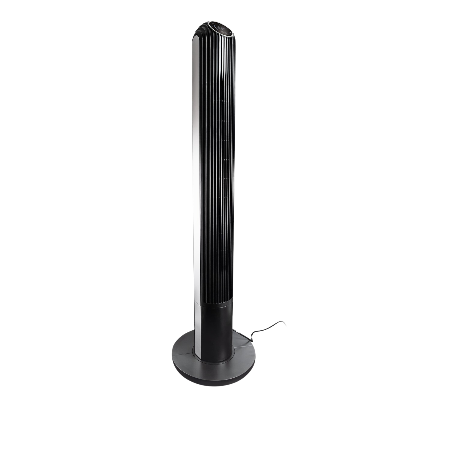 Een zwarte, moderne torenventilator met een ronde basis, op een zwarte achtergrond.