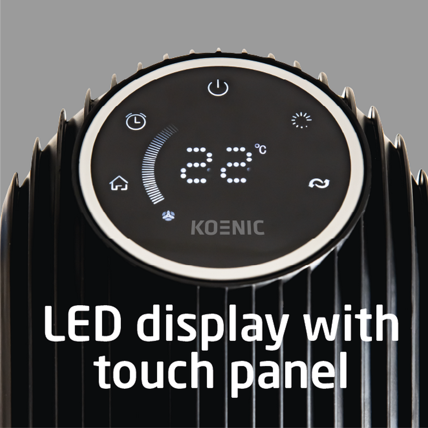 Zwart apparaat met een cirkelvormig LED-display, met 22 en het merk KOENIC.