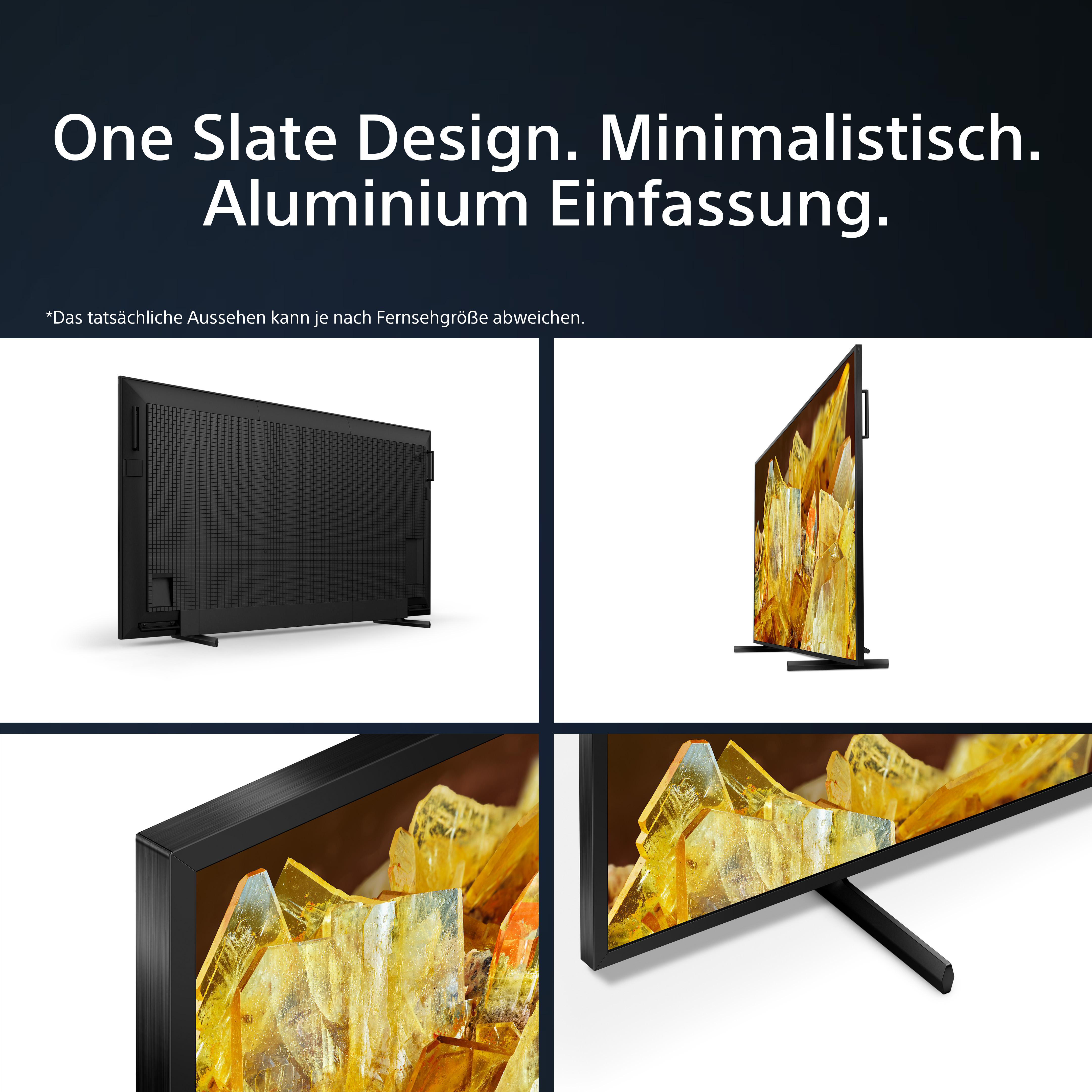 TV mit Text: 'One Slate Design. Minimalistisch. Aluminium Einfassung'. Schwarzer Bildschirm.