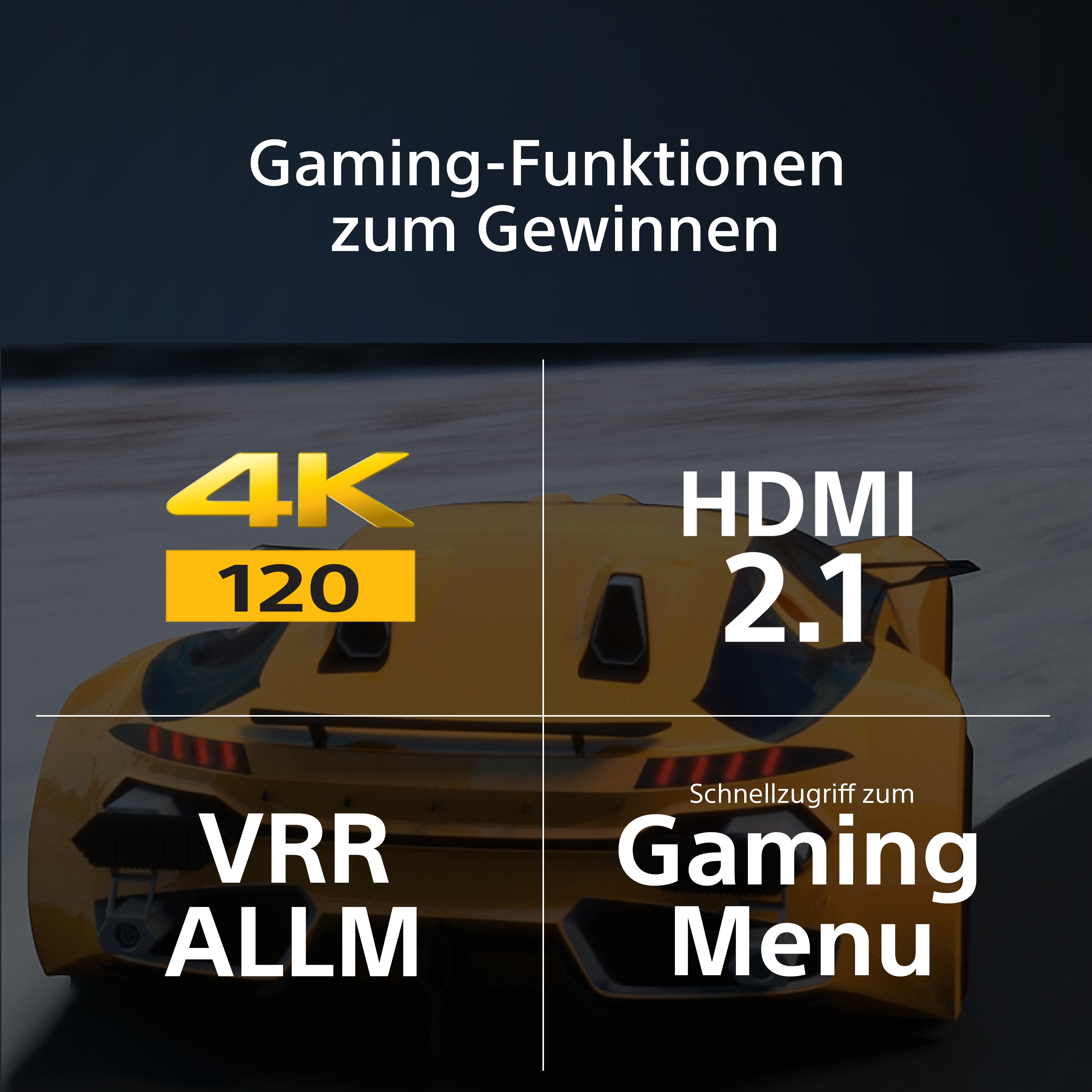 Bild mit Gaming-Funktionen: 4K 120, HDMI 2.1, VRR ALLM und Gaming-Menü. Zeigt ein gelbes Auto.