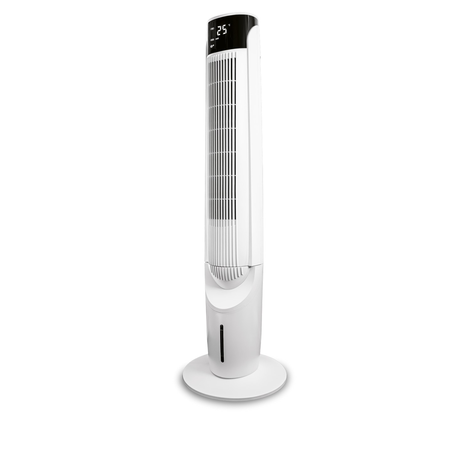 Un ventilateur tour blanc avec écran numérique affichant 25 degrés.