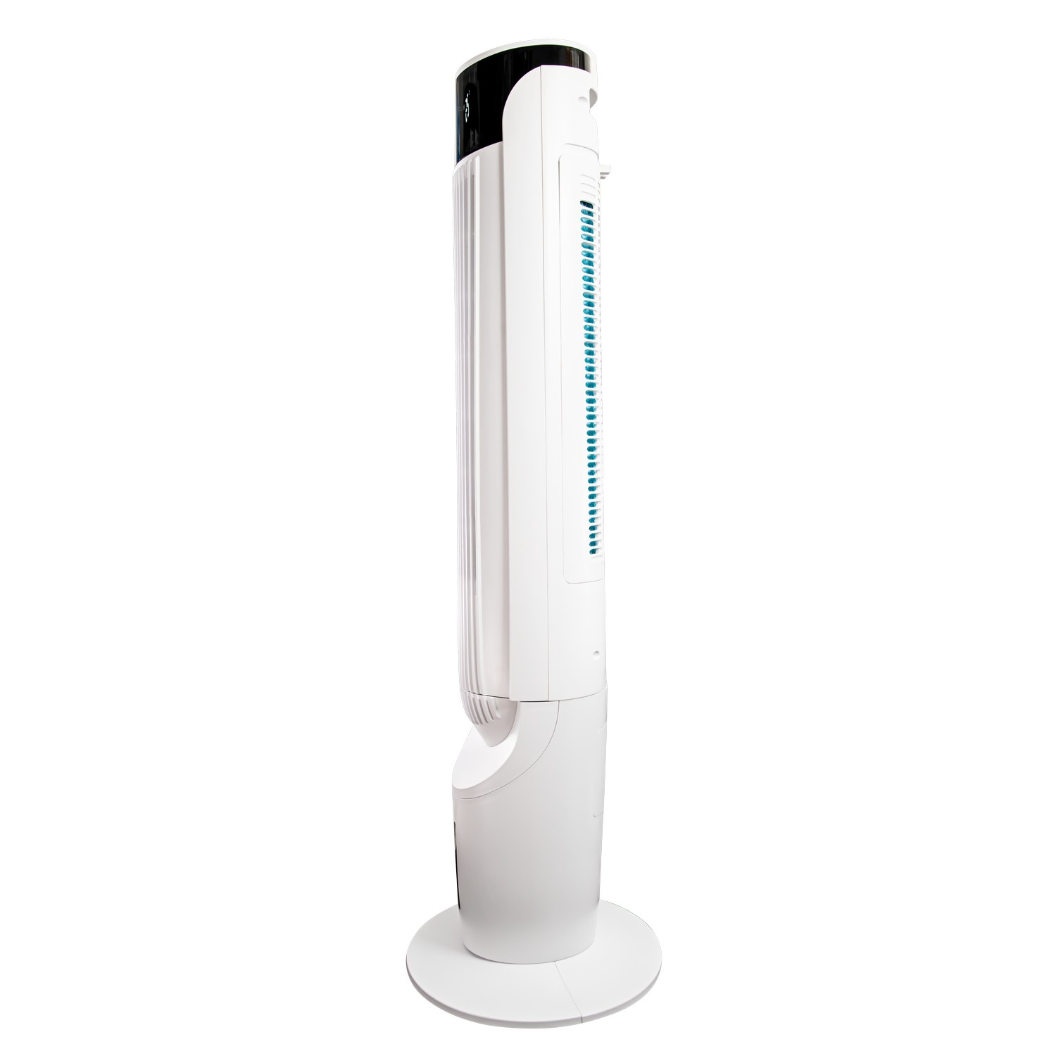 Un ventilateur tour blanc et épuré avec un dessus noir repose sur une base ronde.