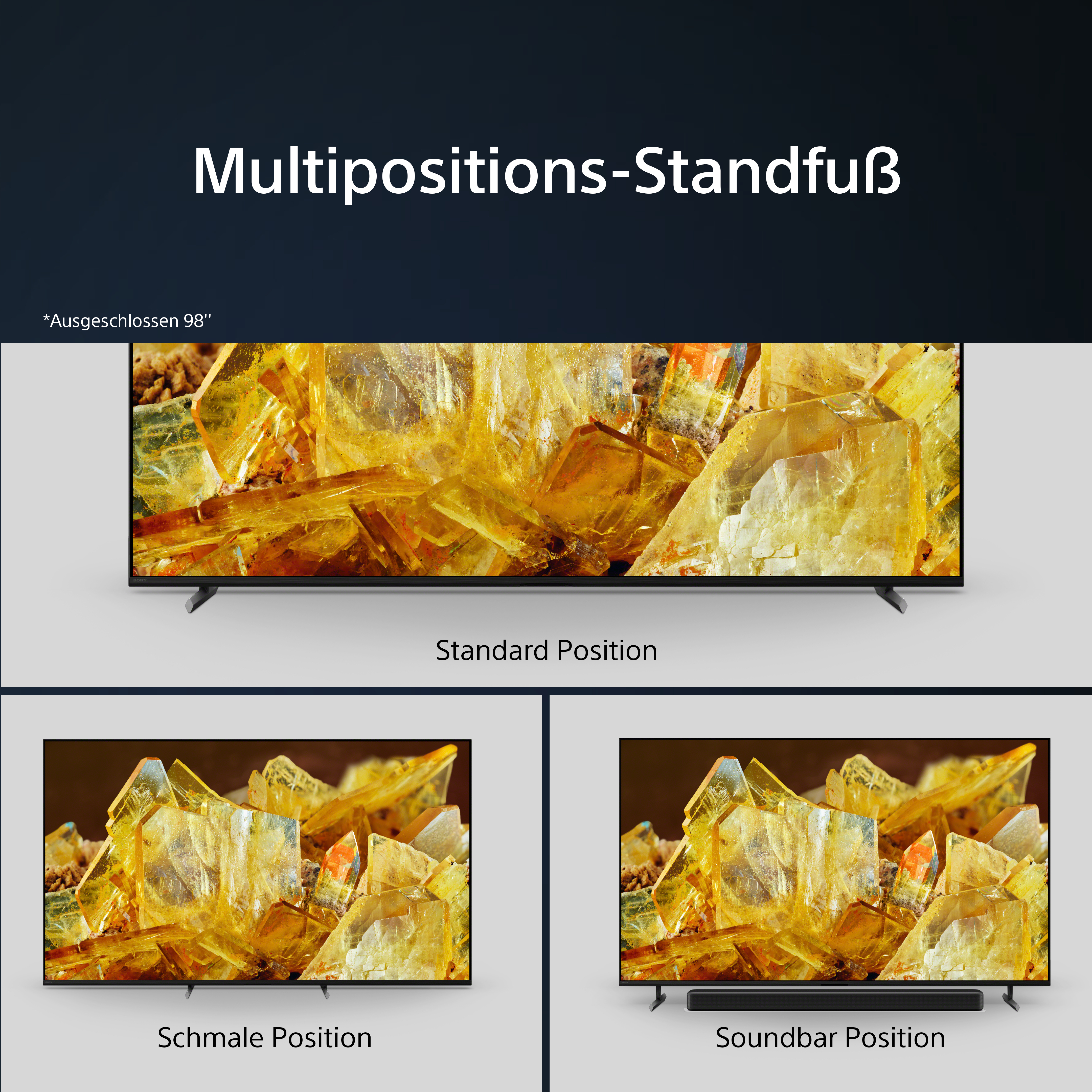 TV-Bildschirm mit verschiedenen Positionen. Text oben: Multipositions-Standfuß. Drei Bilder mit Bildschirm.