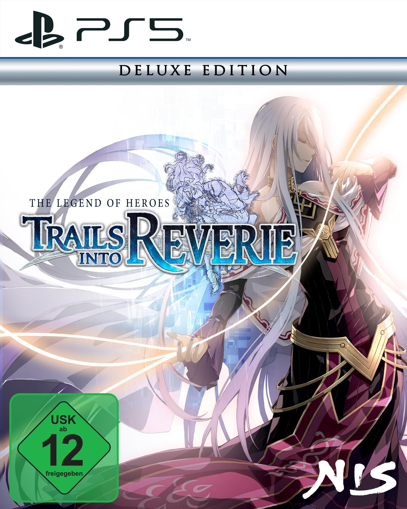 PS5-Spielcover: 'Trails into Reverie', Anime-Kunst, Frau mit weißen Haaren, lila Kleid. USK 12-Rating.