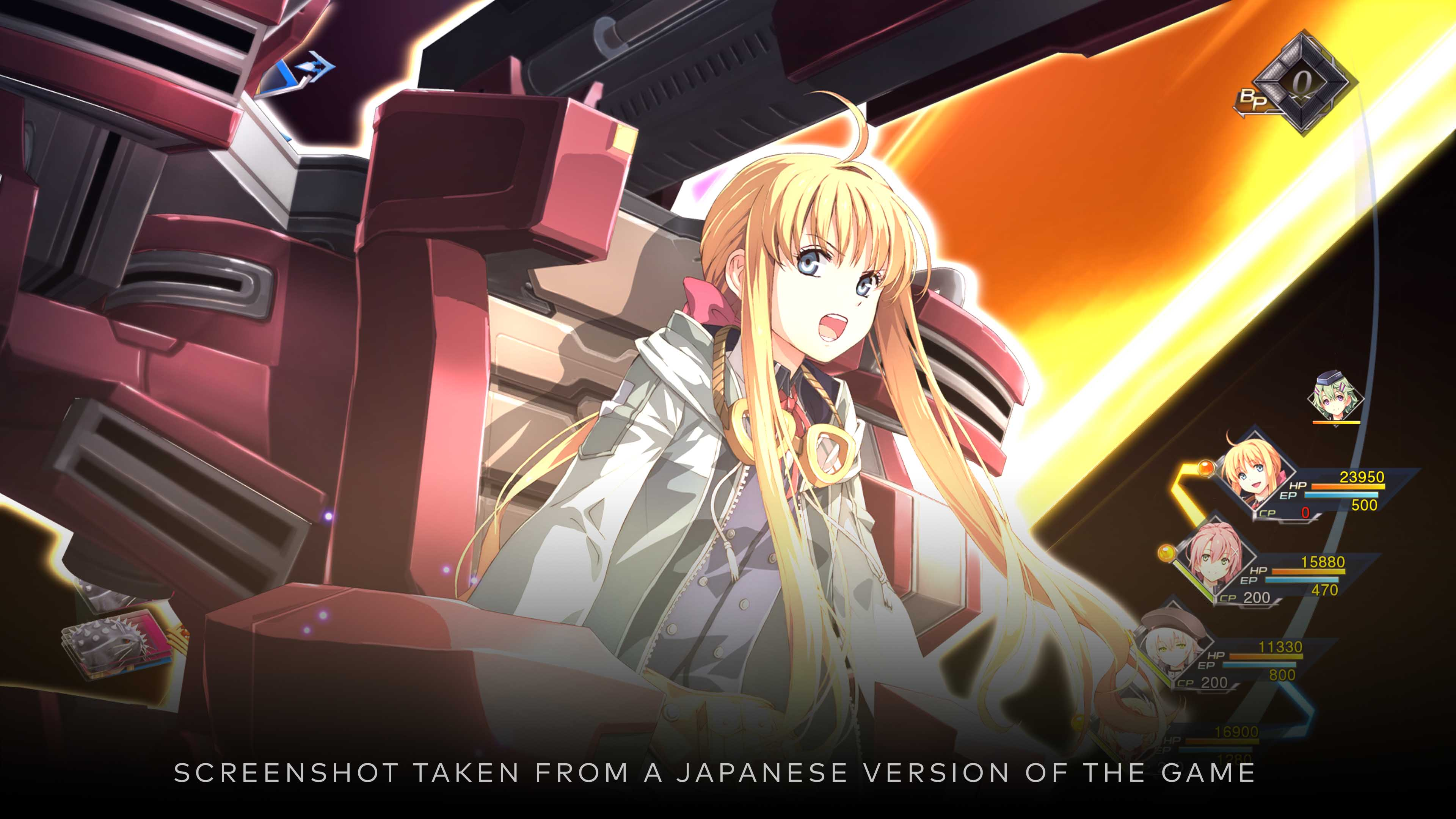 Anime-Mädchen im Mech-Cockpit. Spiel-UI sichtbar. Roter Mech sichtbar.