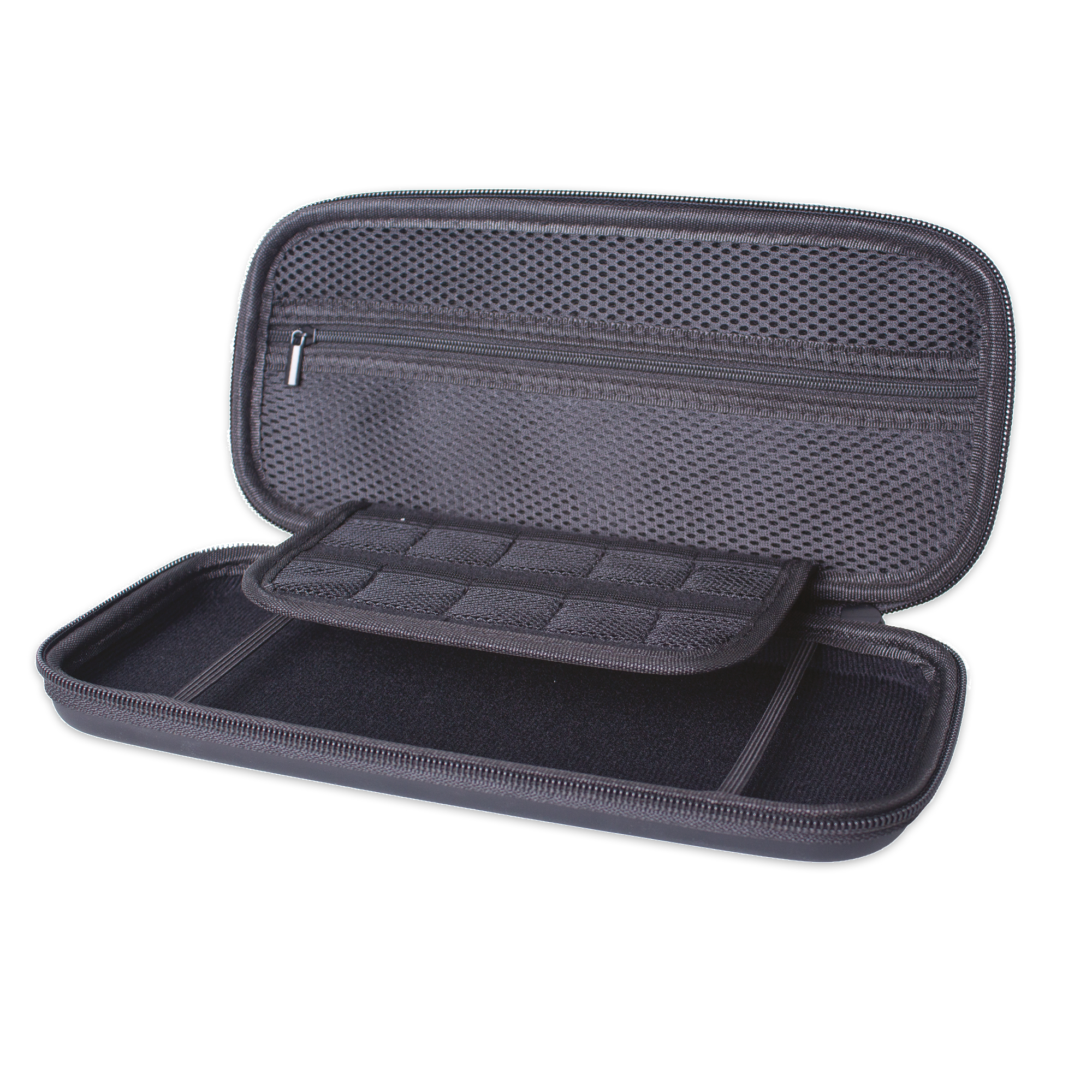 Eine schwarze Tragetasche mit Reißverschluss für eine Handheld-Konsole, geöffnet.