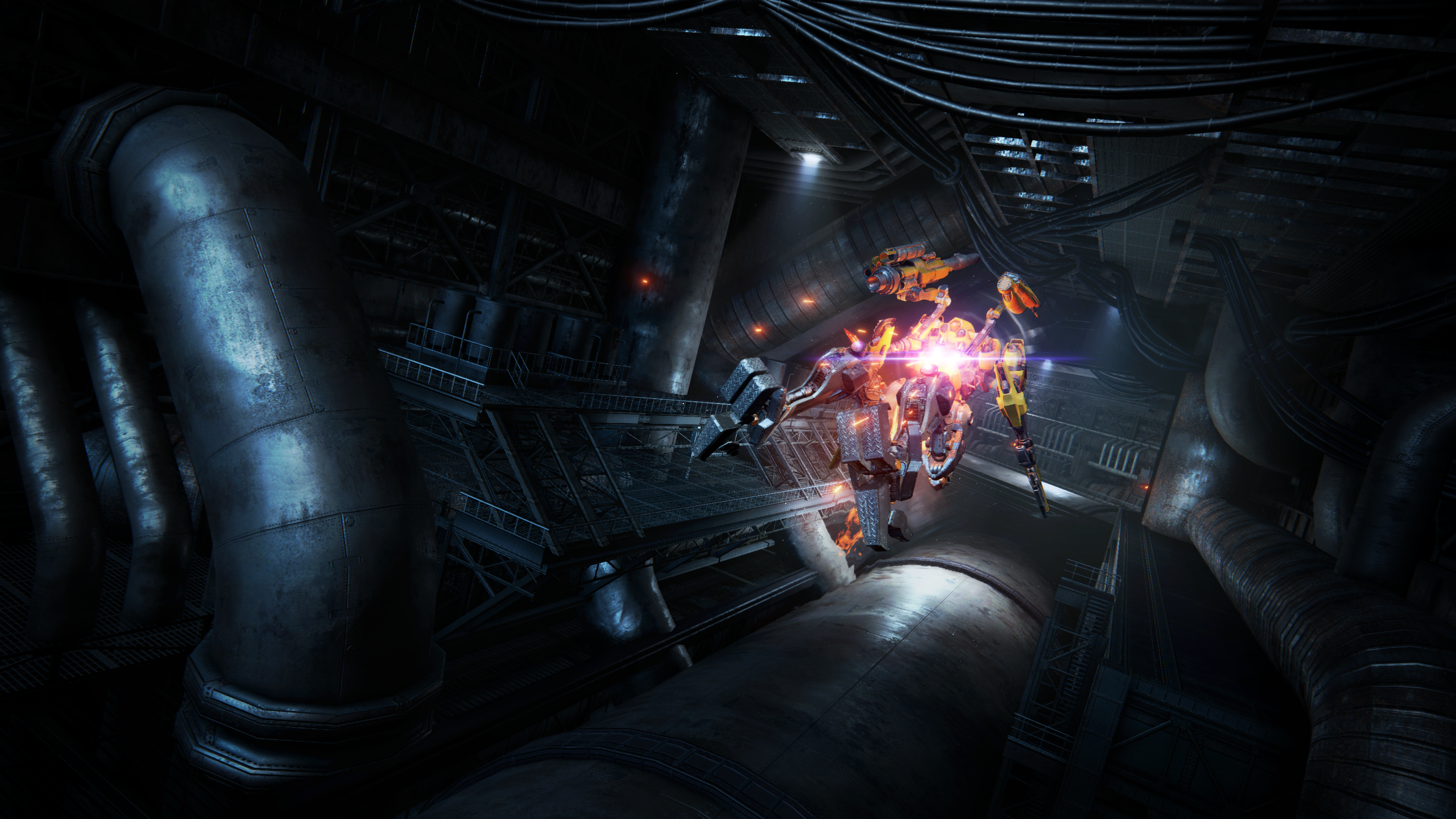 Sci-Fi-Szene mit Charakteren in futuristischer Umgebung. Metallrohre und -strukturen. Orange und weiße Lichter.