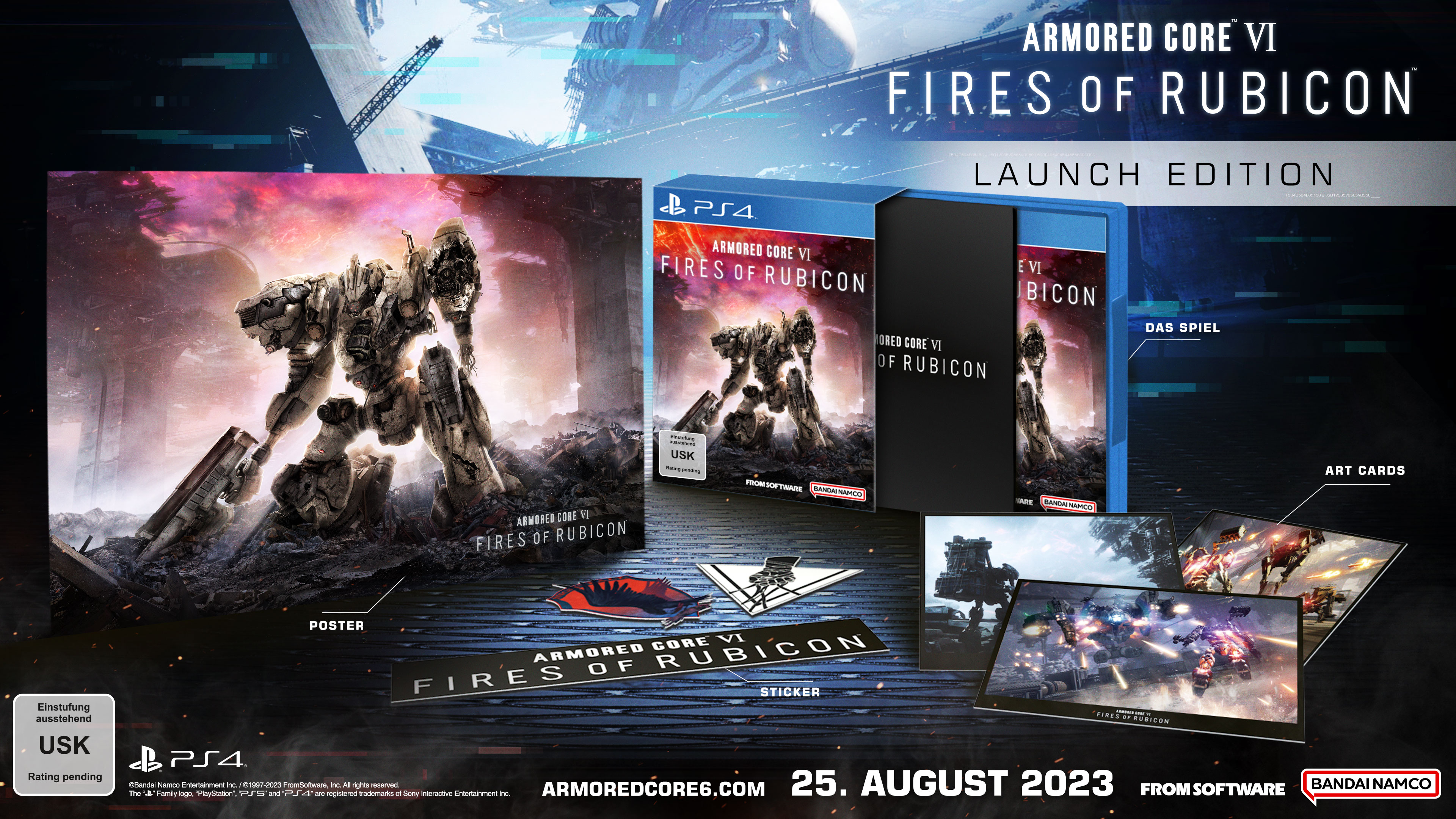 Armored Core VI: Fires of Rubicon Spielbox mit zusätzlichen Artikeln wie Poster und Art Cards.