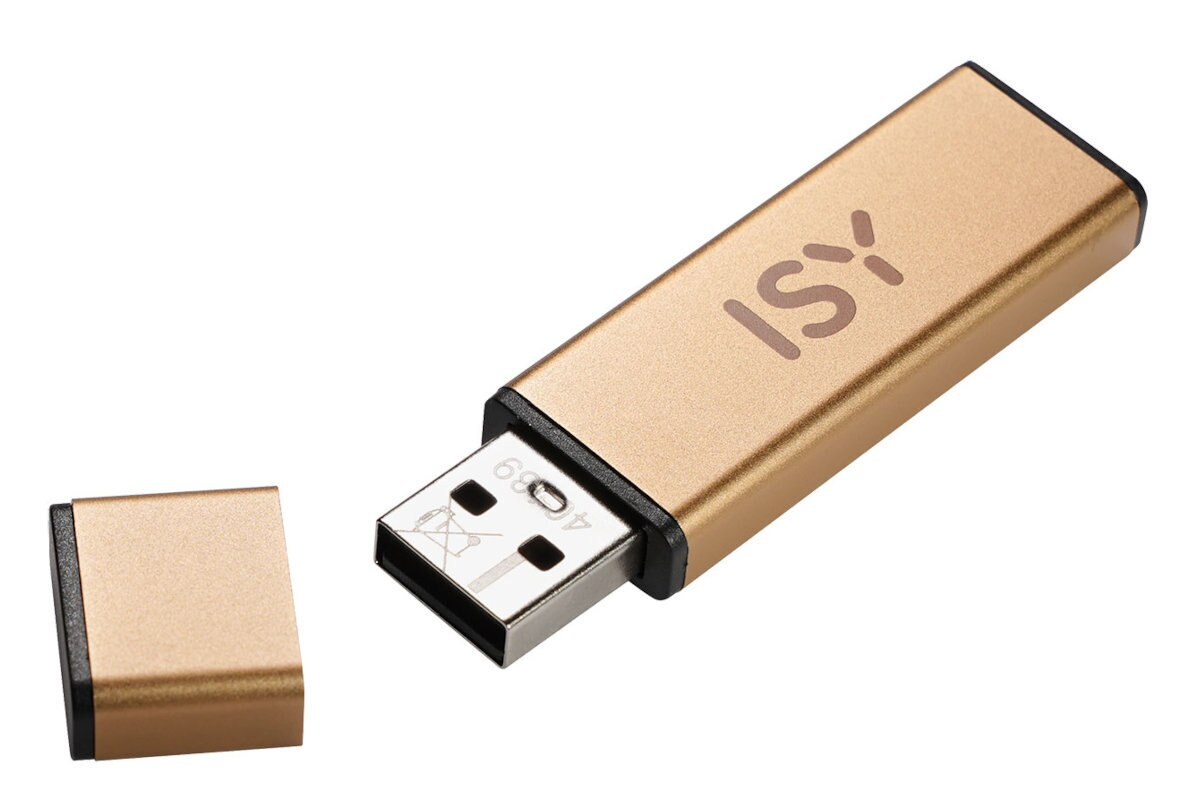 Złoty pendrive z napisem 'ISY'.