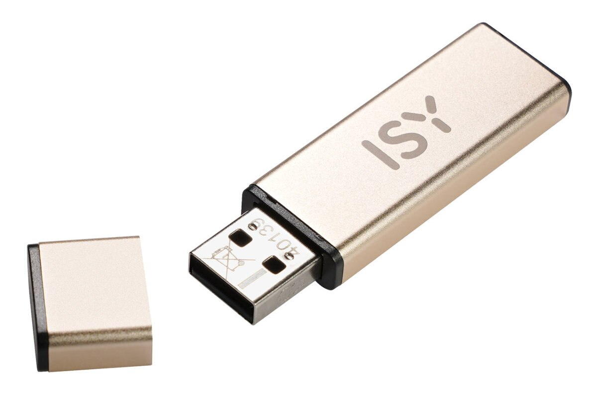 Złoty pendrive z nadrukiem 'ISY' i oddzielną złotą nasadką.
