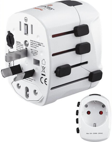 Biały adapter podróżny z wieloma konfiguracjami wtyczek. Zawiera oddzielną wtyczkę i port USB.