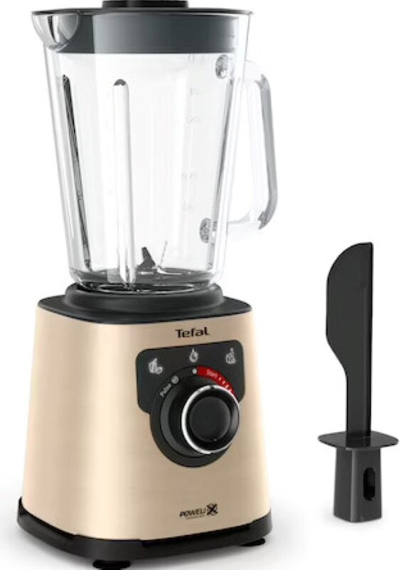 Blender Tefal z beżową podstawą i szklanym pojemnikiem. Czarny element tnący po prawej stronie.