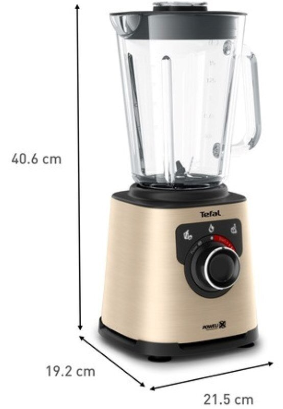 Złoty blender Tefal z czarną podstawą. Wymiary: 40,6 cm wysokości, podstawa 19,2 cm x 21,5 cm.