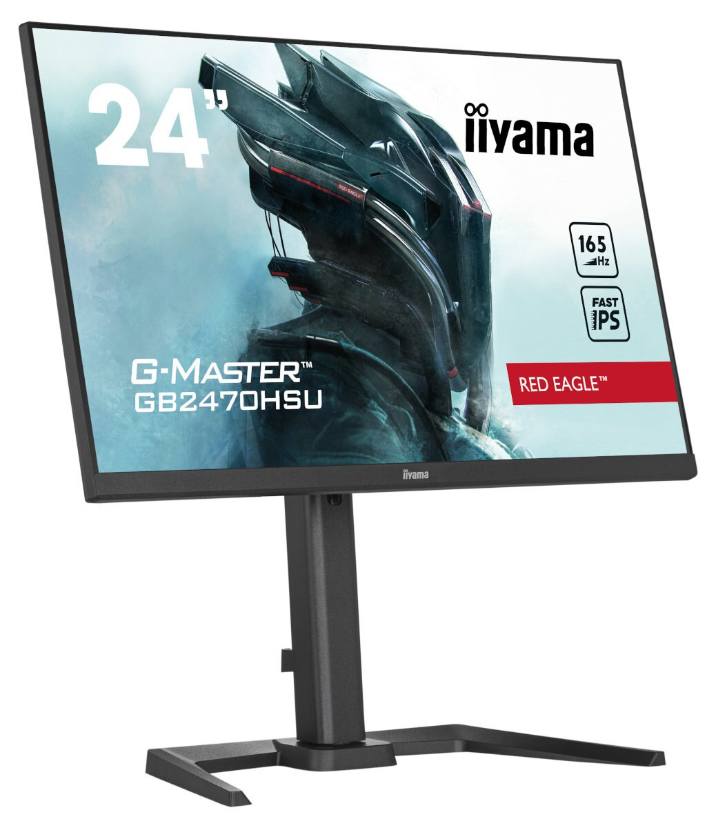 Monitor Iiyama 24" z czarną podstawą i grafiką z gry na ekranie.