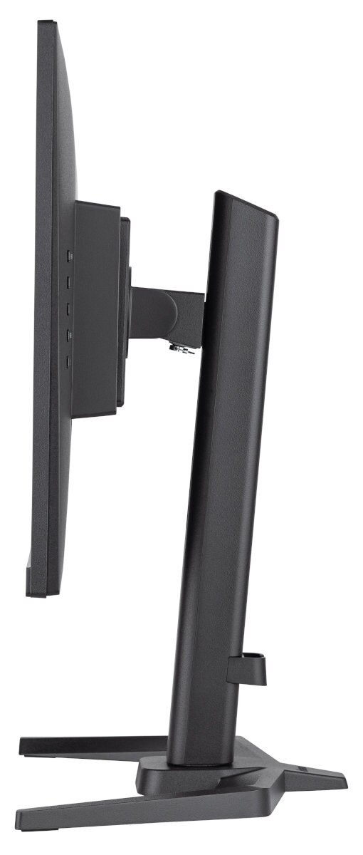 Widok z boku czarnego monitora komputera na stojaku. Czarna ramka. Białe tło.