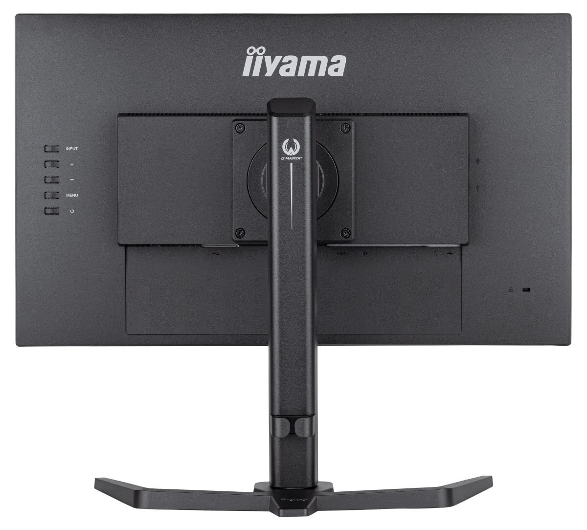 Tył czarnego monitora iiyama ze stojakiem i portami wejściowymi.