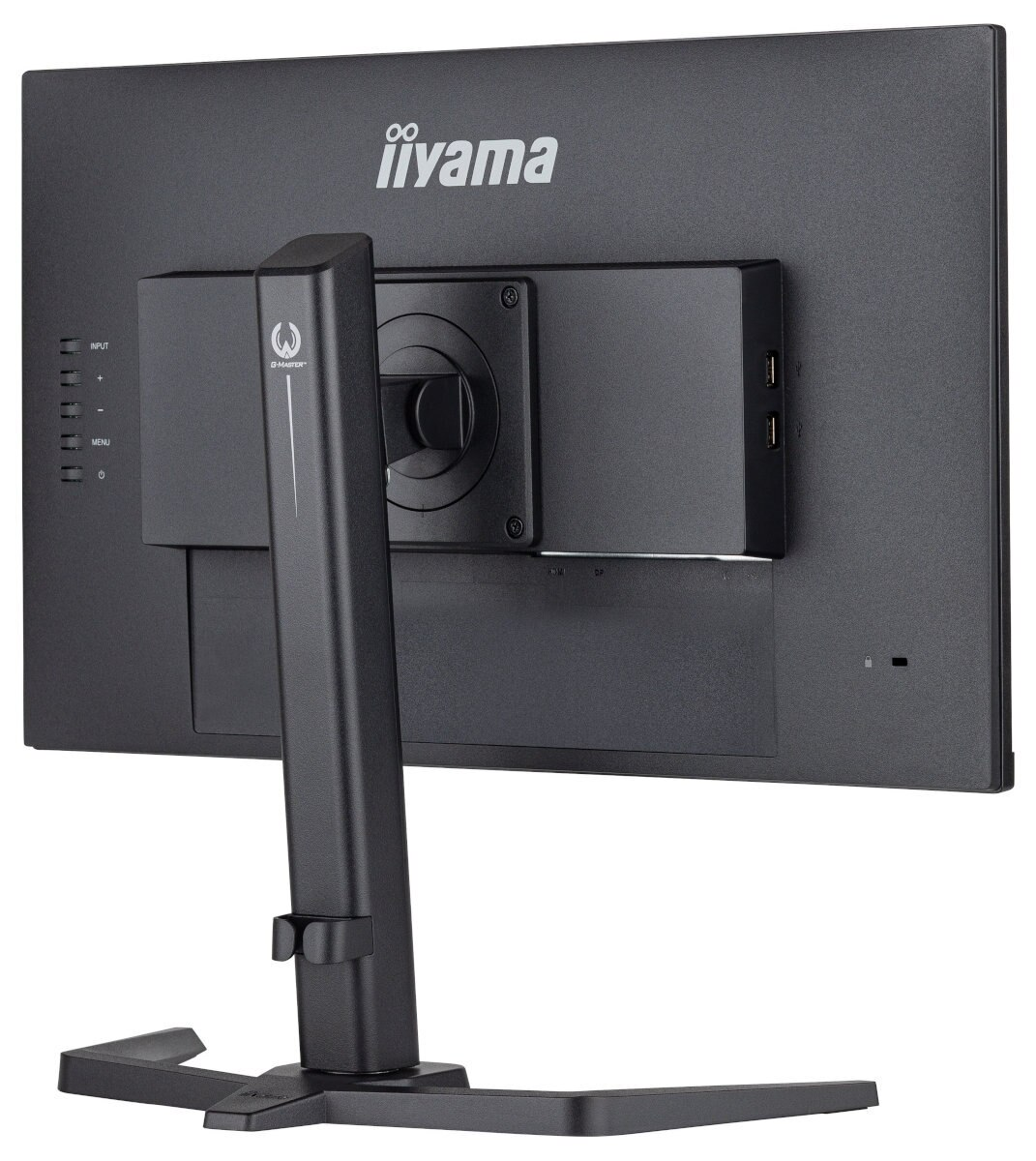 Widok z tyłu czarnego monitora na stojaku. Widoczne białe logo iiyama.