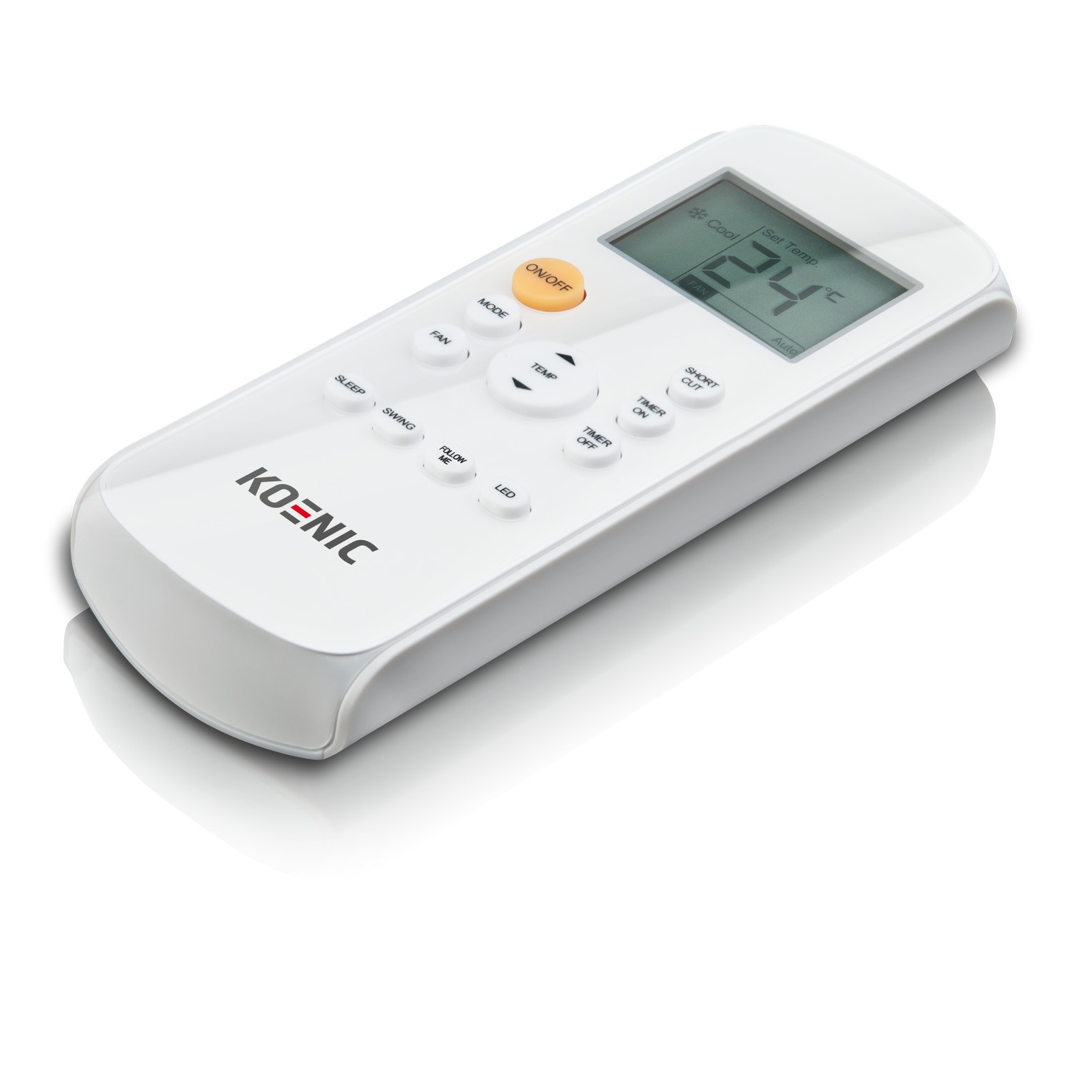 A white air conditioning remote control with buttons and a display screen.