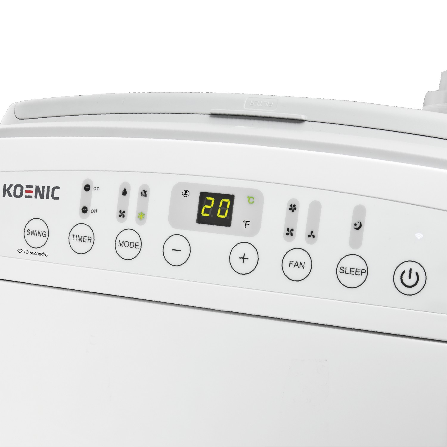 Close-up of a white air conditioner control panel with a digital display showing 20°F.
