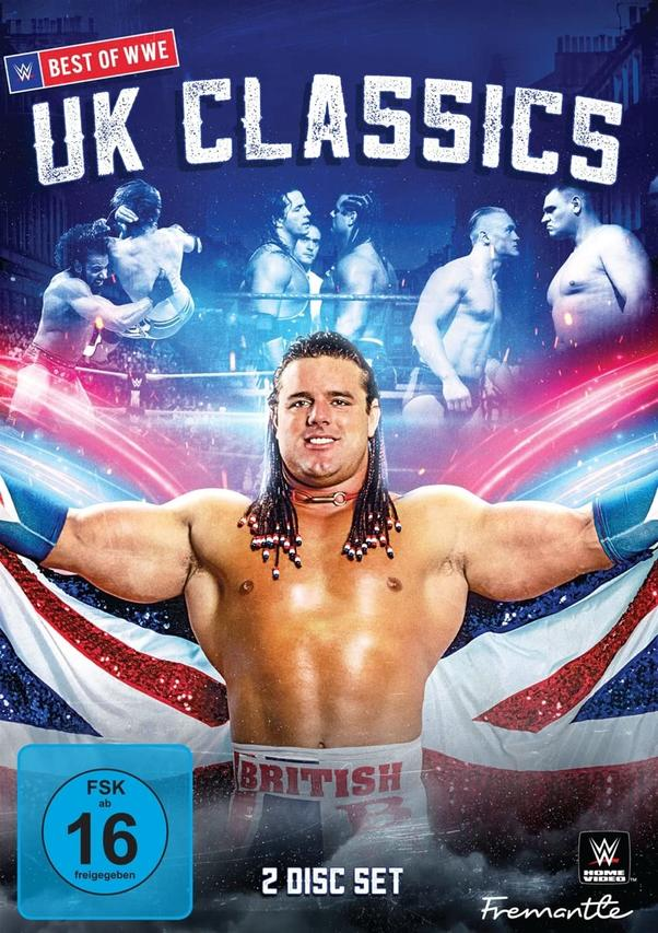 UK Classics DVD-Cover, ein Wrestler mit britischer Flagge, Text 'Best of WWE UK Classics'.