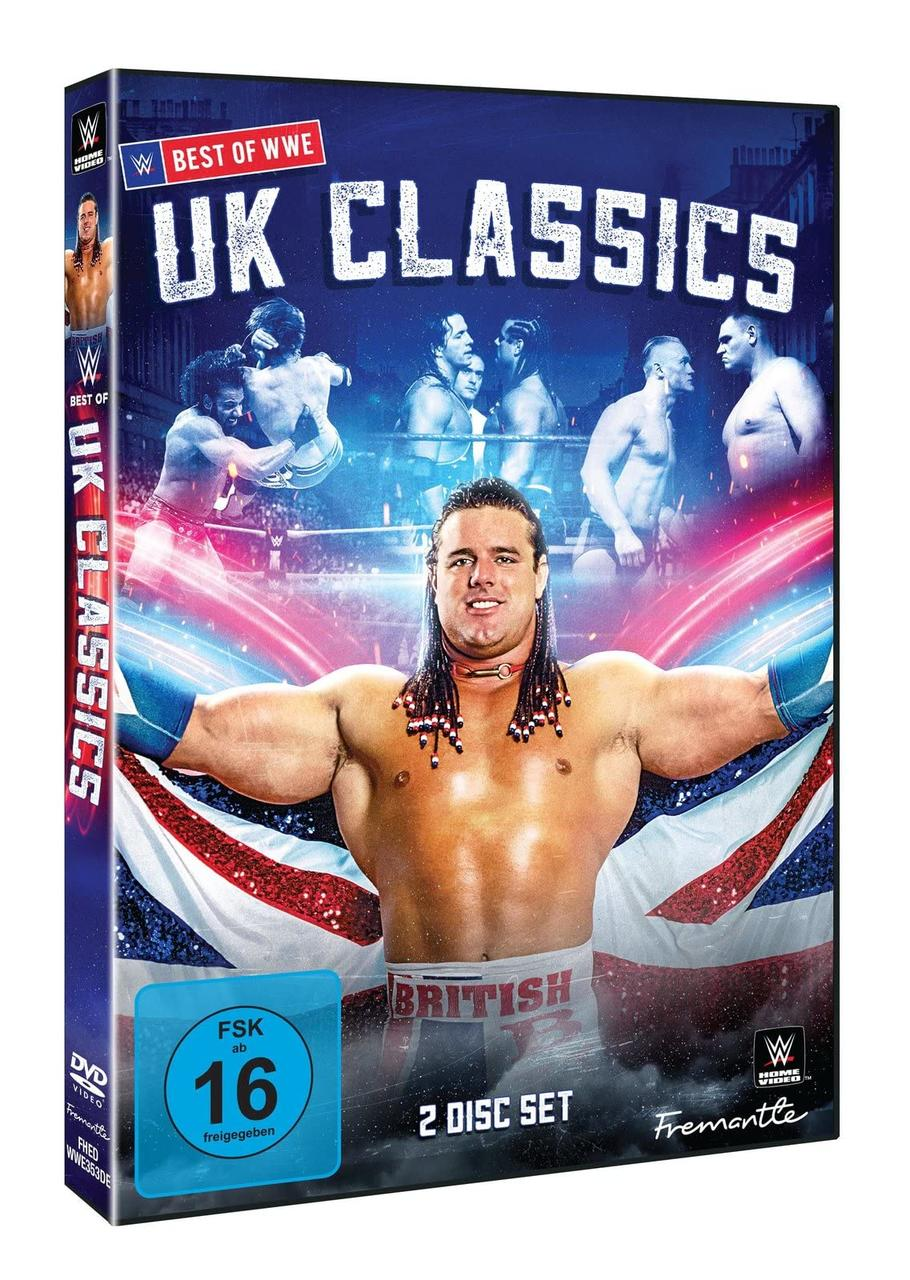 WWE UK Classics DVD-Set mit einem muskulösen Wrestler auf dem Cover, Union Jack im Hintergrund.