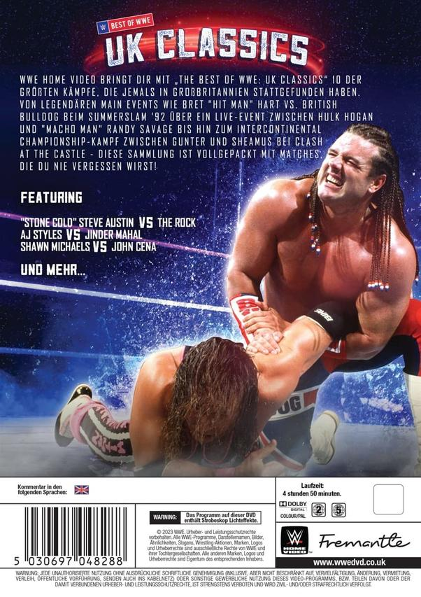 Die Rückseite einer DVD-Hülle mit Wrestlern in Aktion.