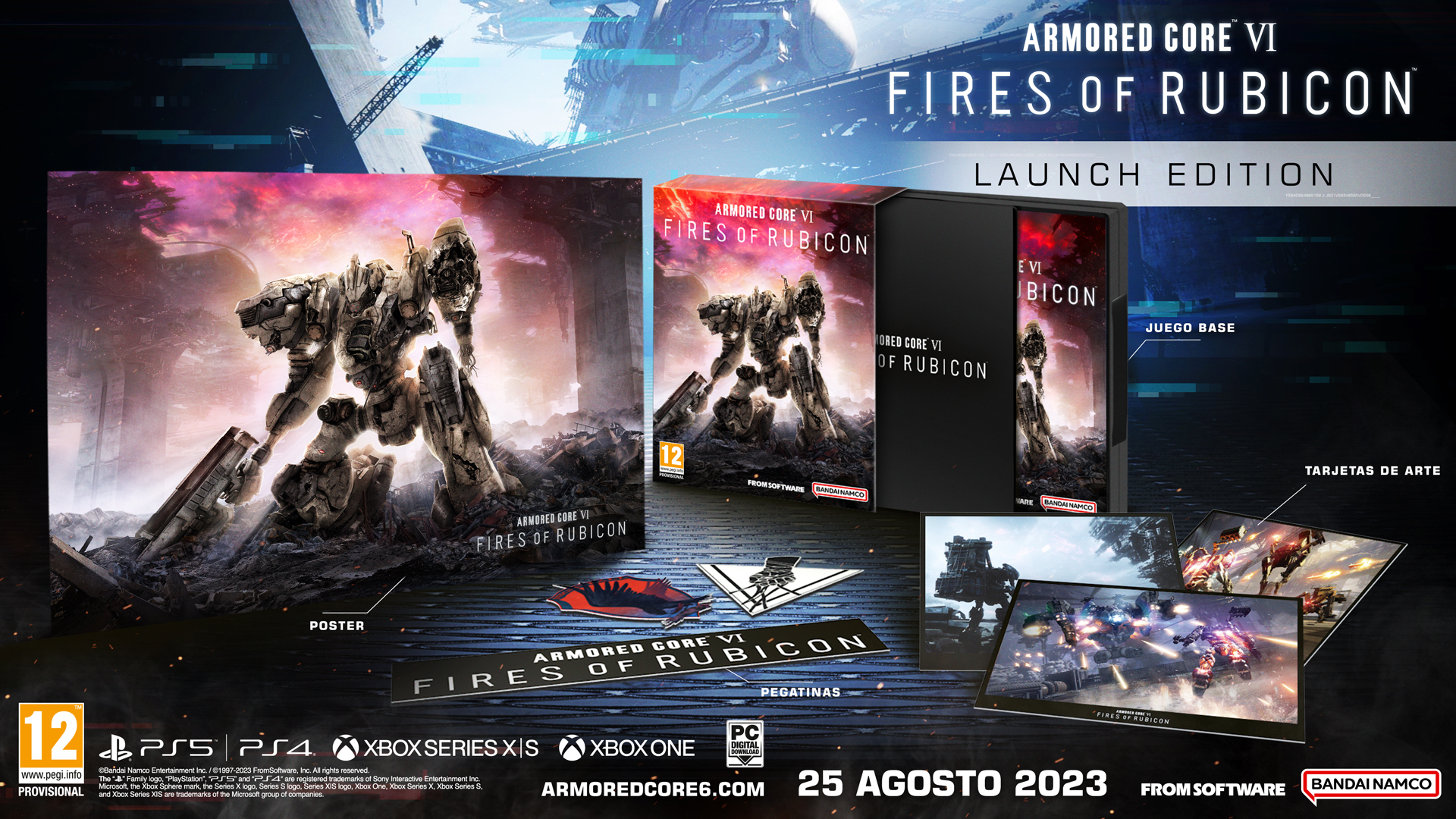 Caja del juego que muestra un mech y el título del juego: Armored Core VI: Fires of Rubicon.