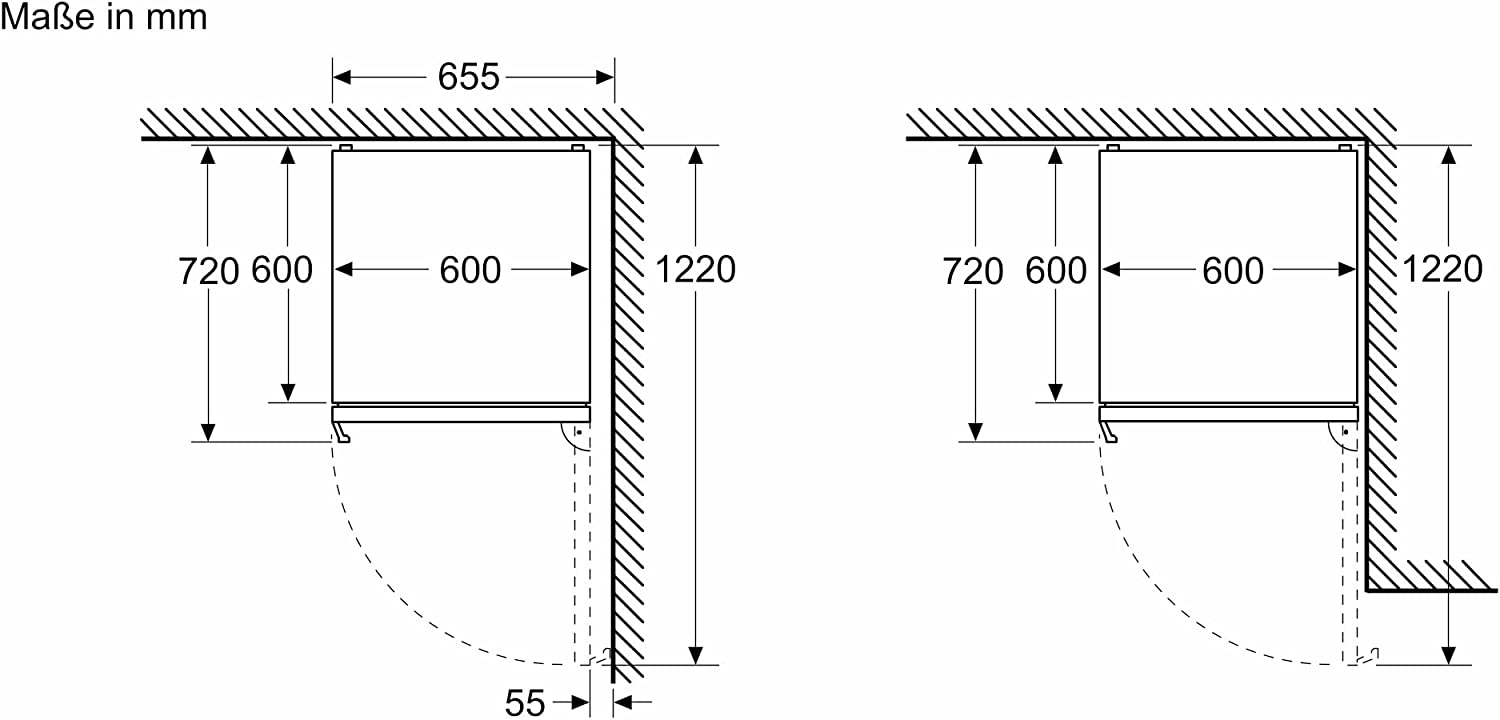 Diagrama de un frigorífico con dimensiones en mm. La puerta está abierta.